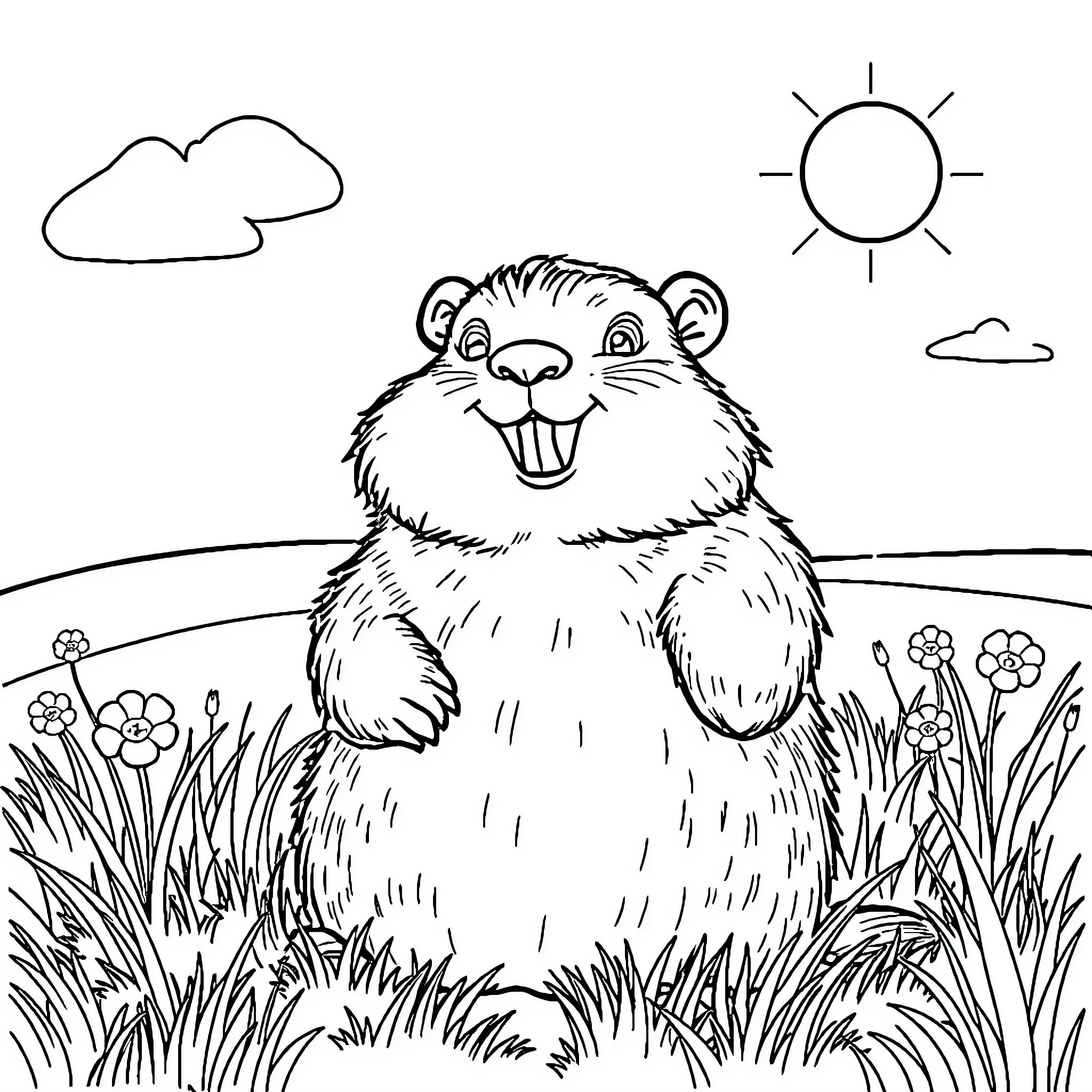 Groundhog enjoying the sunny outdoors Coloring Page (free black-and-white line drawing printable PDF for all, from beginners to advanced learners, including children, teens, adults, and seniors)
