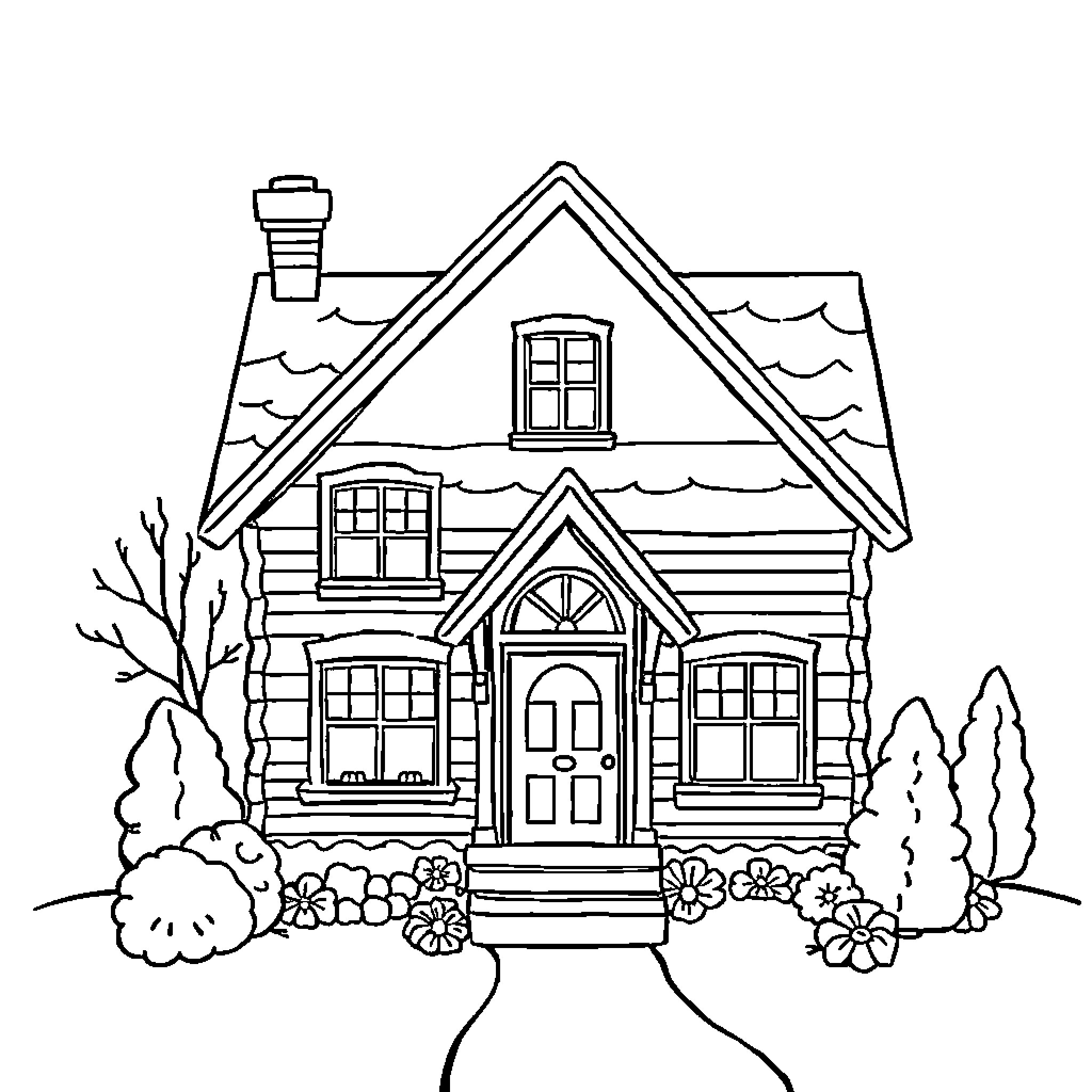 House with rustic log cabin design and landscaping Coloring Page (free black-and-white line drawing printable PDF for all, from beginners to advanced learners, including children, teens, adults, and seniors)