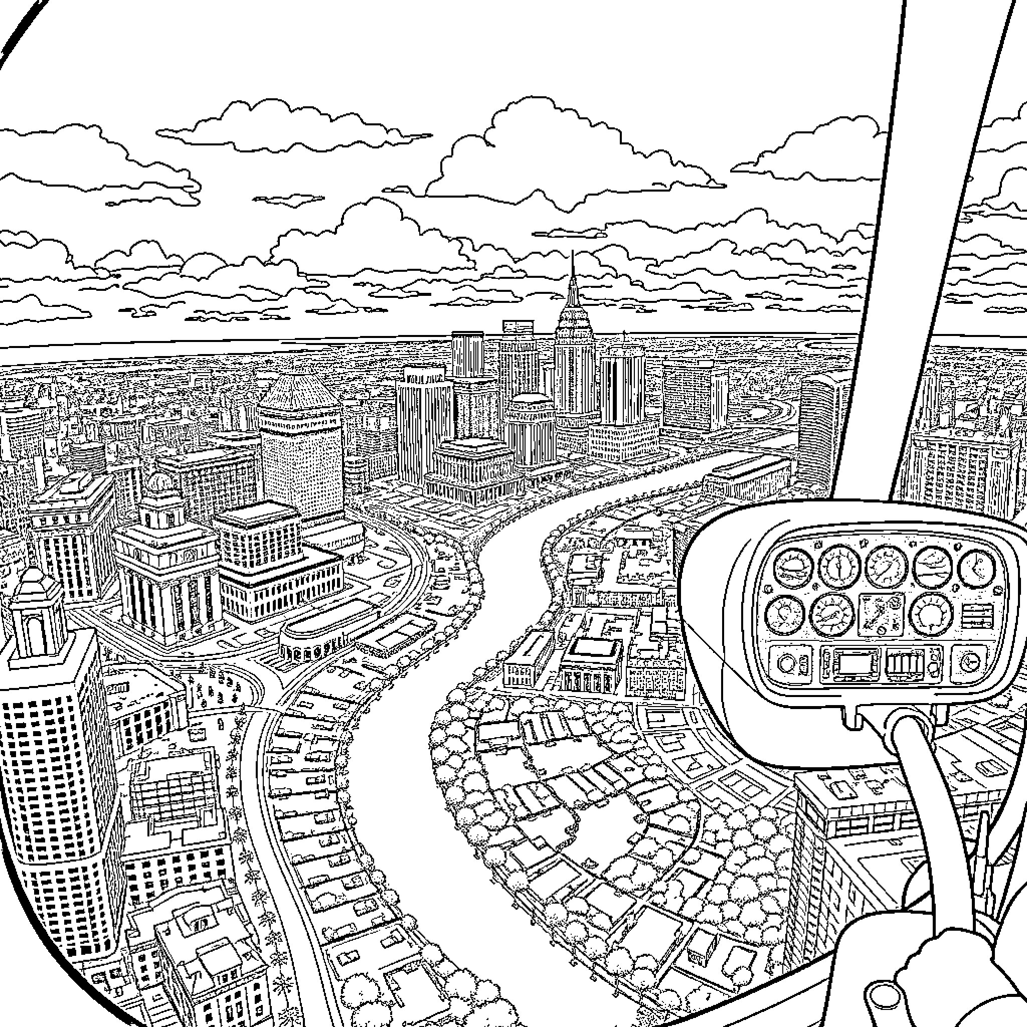 San Antonio skyline from aerial view with cityscape and clouds Coloring Page (free black-and-white line drawing printable PDF for all, from beginners to advanced learners, including children, teens, adults, and seniors)