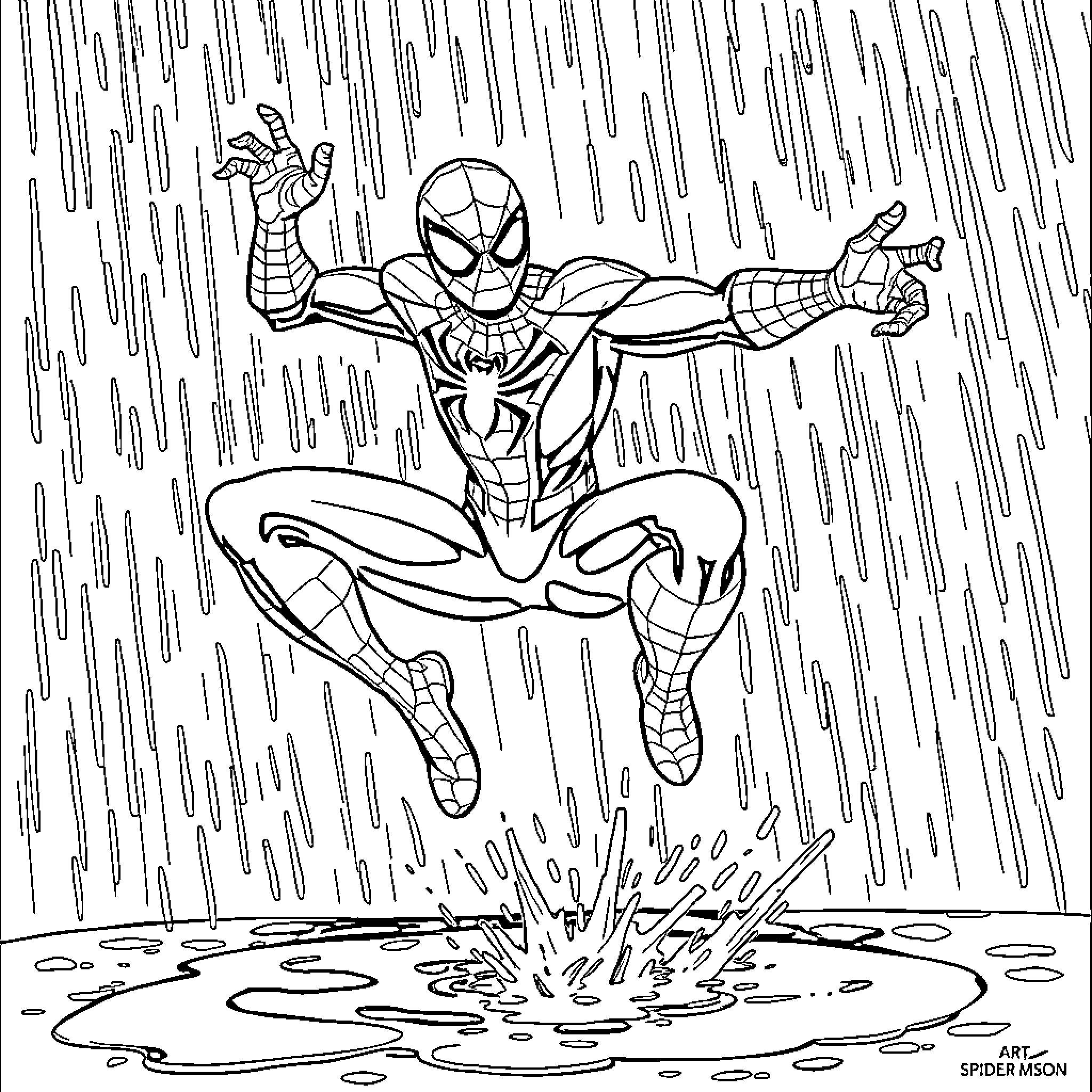 Spiderman swinging through the rain Coloring Page (free black-and-white line drawing printable PDF for all, from beginners to advanced learners, including children, teens, adults, and seniors)