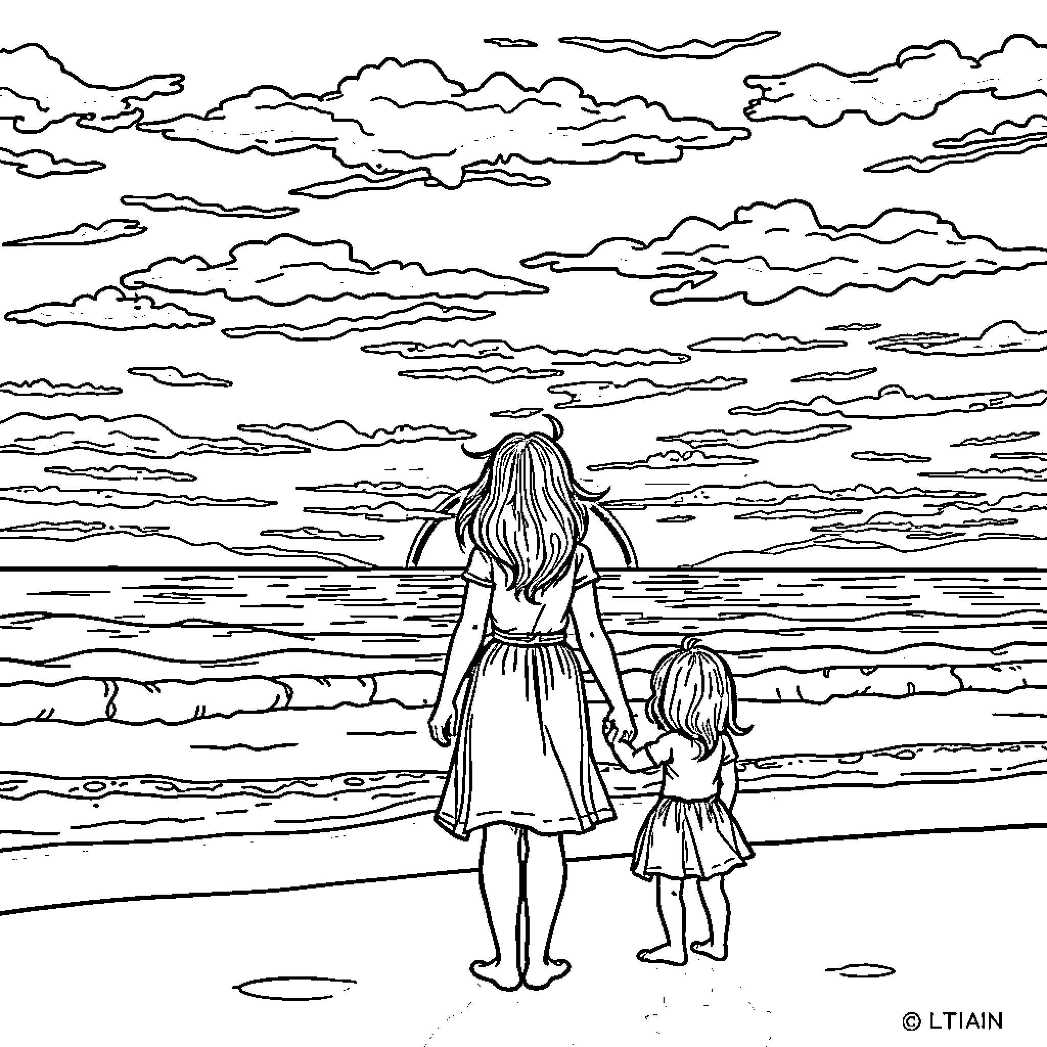 Mother and child watching the sunset together Coloring Page (free black-and-white line drawing printable PDF for all, from beginners to advanced learners, including children, teens, adults, and seniors)
