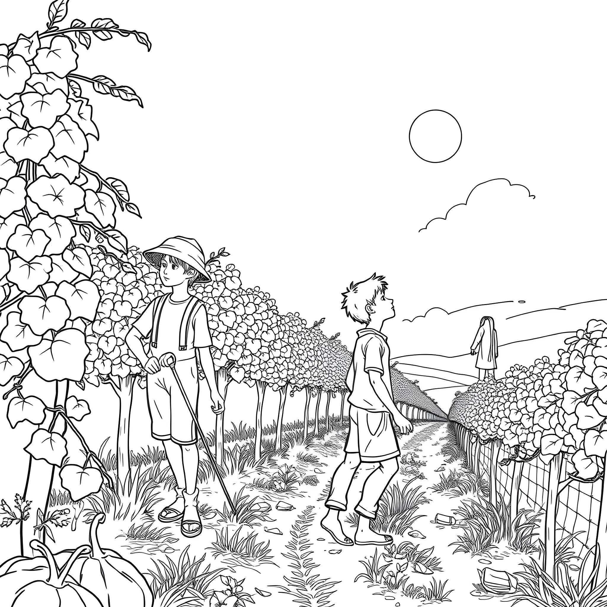 Son Exploring Lush Floral Landscape with Companion Coloring Page (free black-and-white line drawing printable PDF for all, from beginners to advanced learners, including children, teens, adults, and seniors)
