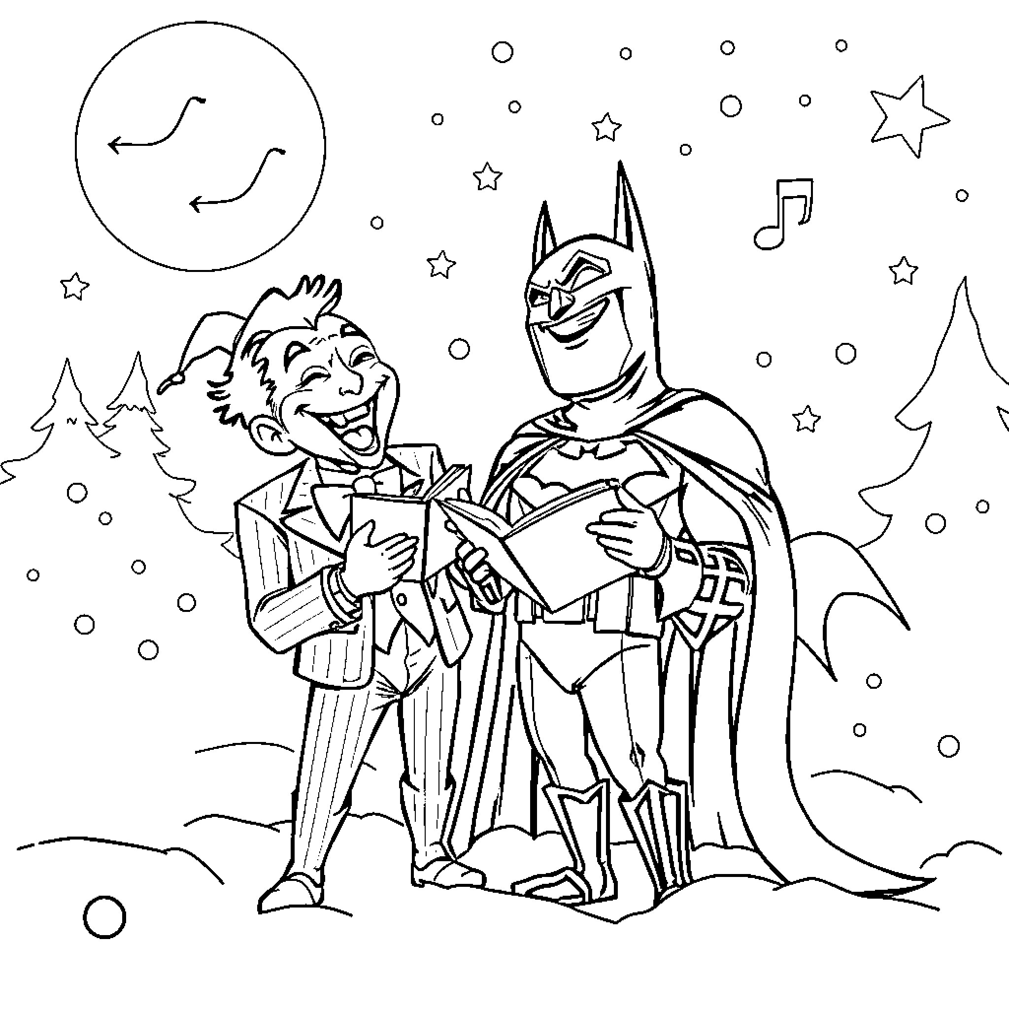 Joker and Batman in a winter wonderland Coloring Page (free black-and-white line drawing printable PDF for all, from beginners to advanced learners, including children, teens, adults, and seniors)