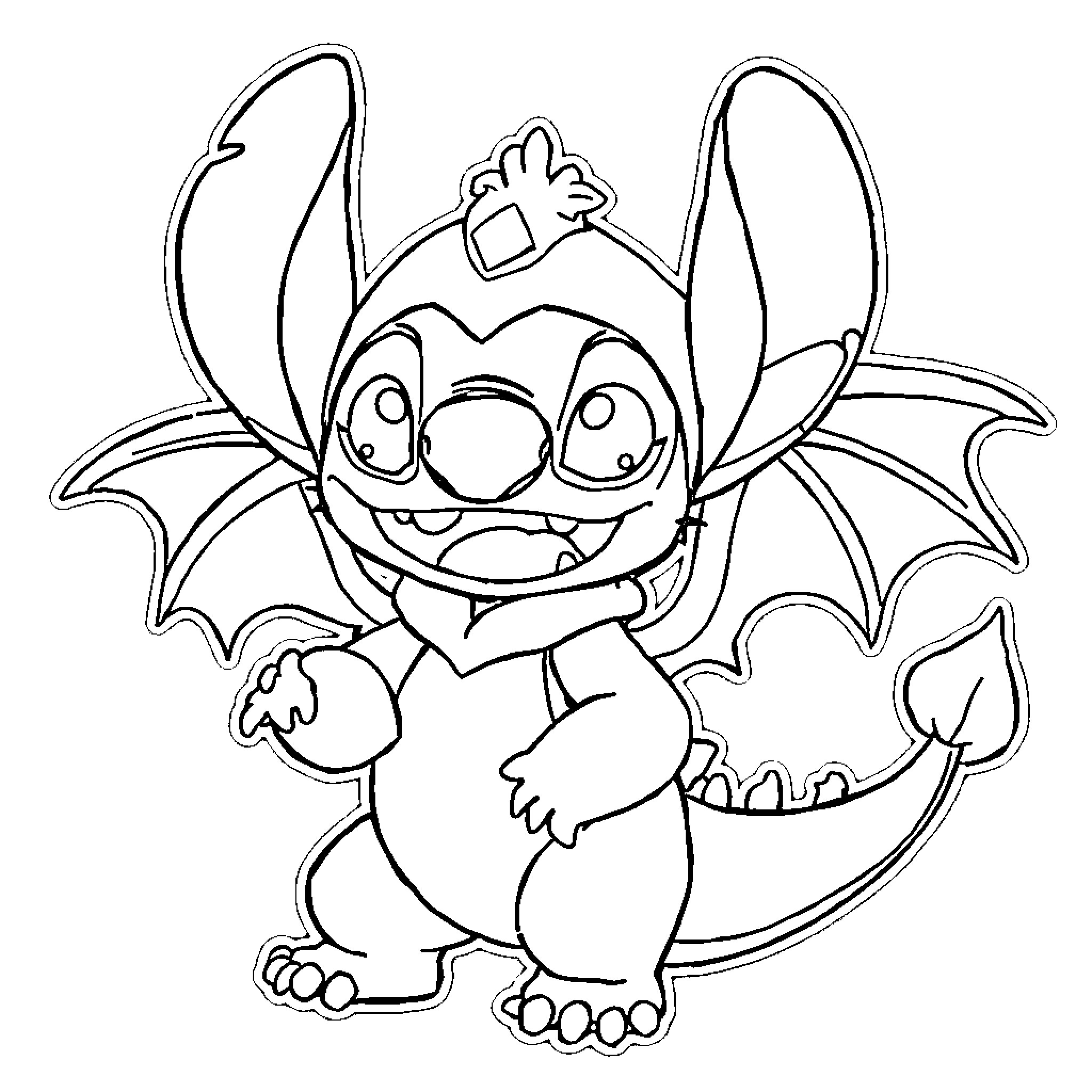 Stitch making a funny face with outstretched arms Coloring Page (free black-and-white line drawing printable PDF for all, from beginners to advanced learners, including children, teens, adults, and seniors)