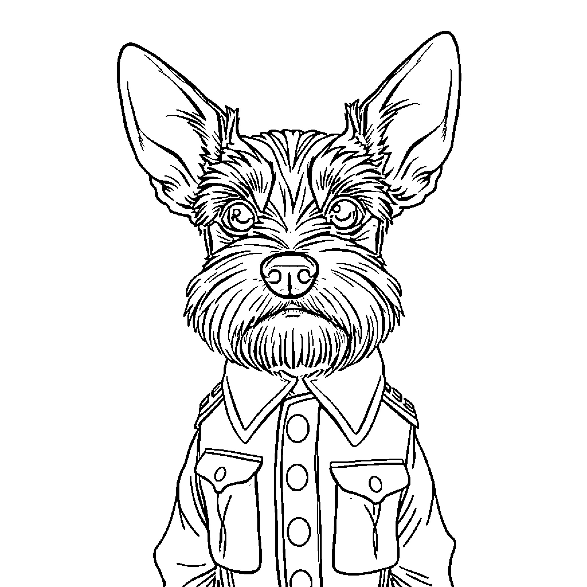 Schnauzer dressed in stylish attire Coloring Page (free black-and-white line drawing printable PDF for all, from beginners to advanced learners, including children, teens, adults, and seniors)