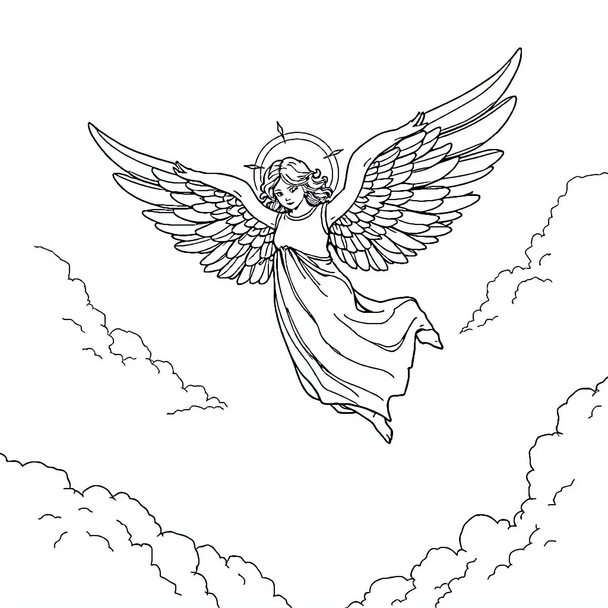 Angel of mercy soaring through celestial skies Coloring Page (free black-and-white line drawing printable PDF for all, from beginners to advanced learners, including children, teens, adults, and seniors)