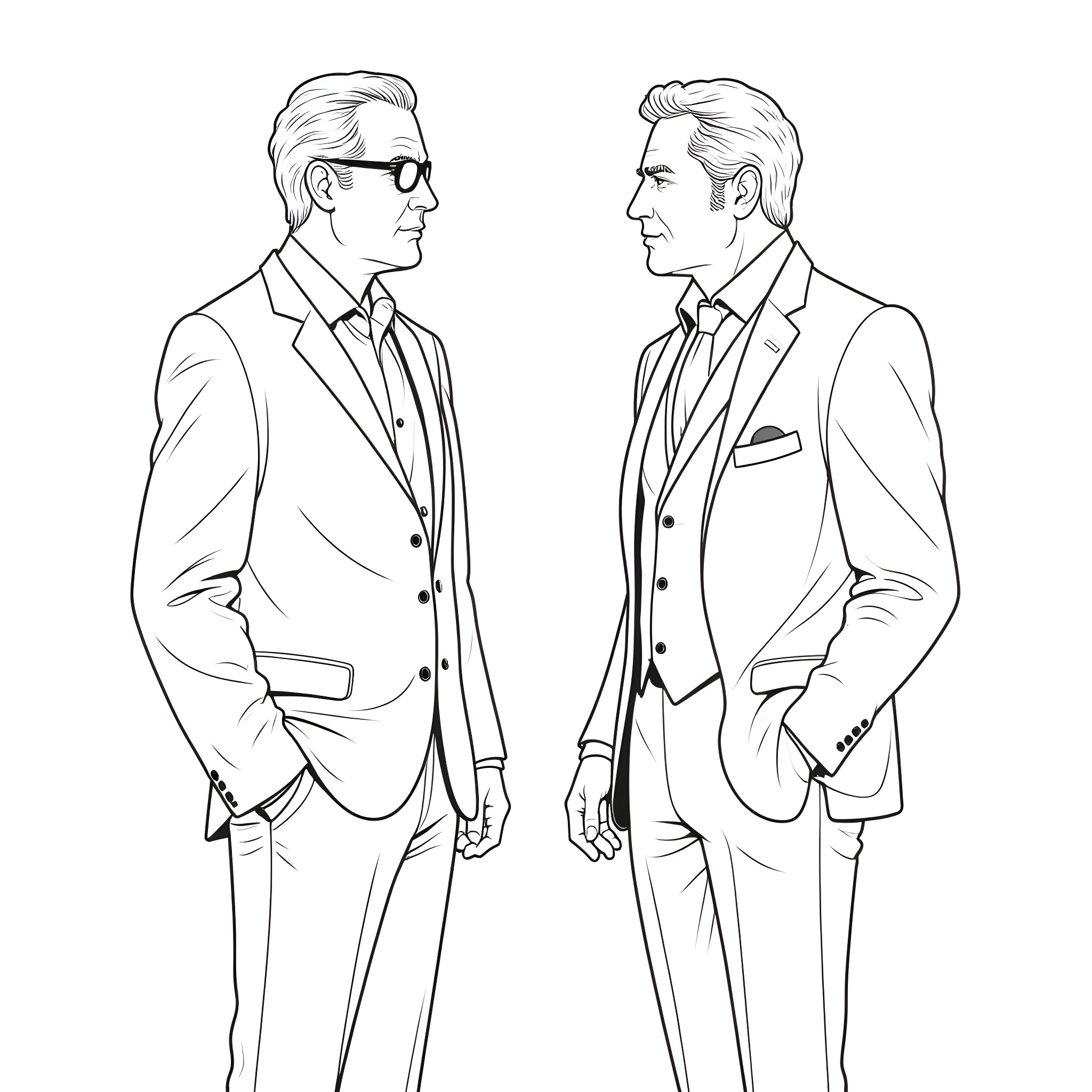 Columbo contemplating a case with a distinguished gentleman Coloring Page (free black-and-white line drawing printable PDF for all, from beginners to advanced learners, including children, teens, adults, and seniors)