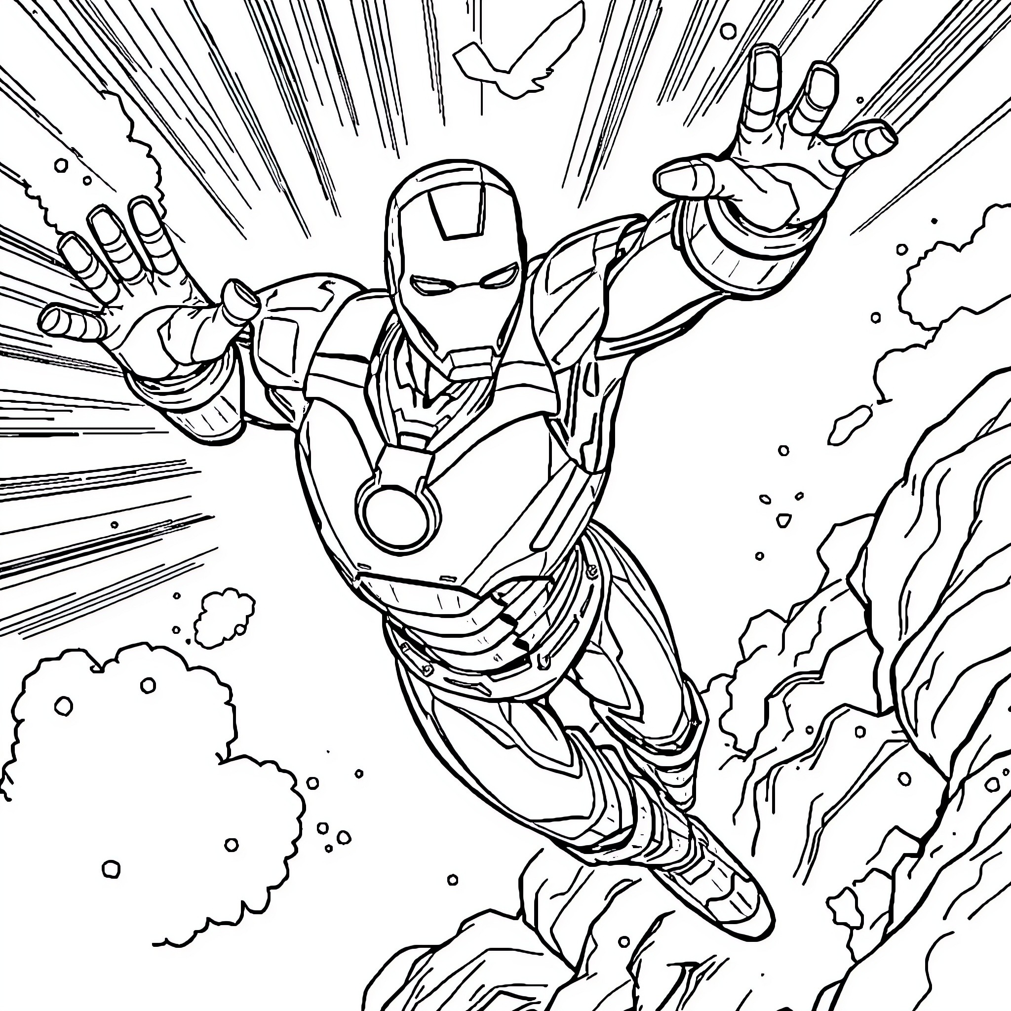 Ironman soaring through the sky in action pose Coloring Page (free black-and-white line drawing printable PDF for all, from beginners to advanced learners, including children, teens, adults, and seniors)