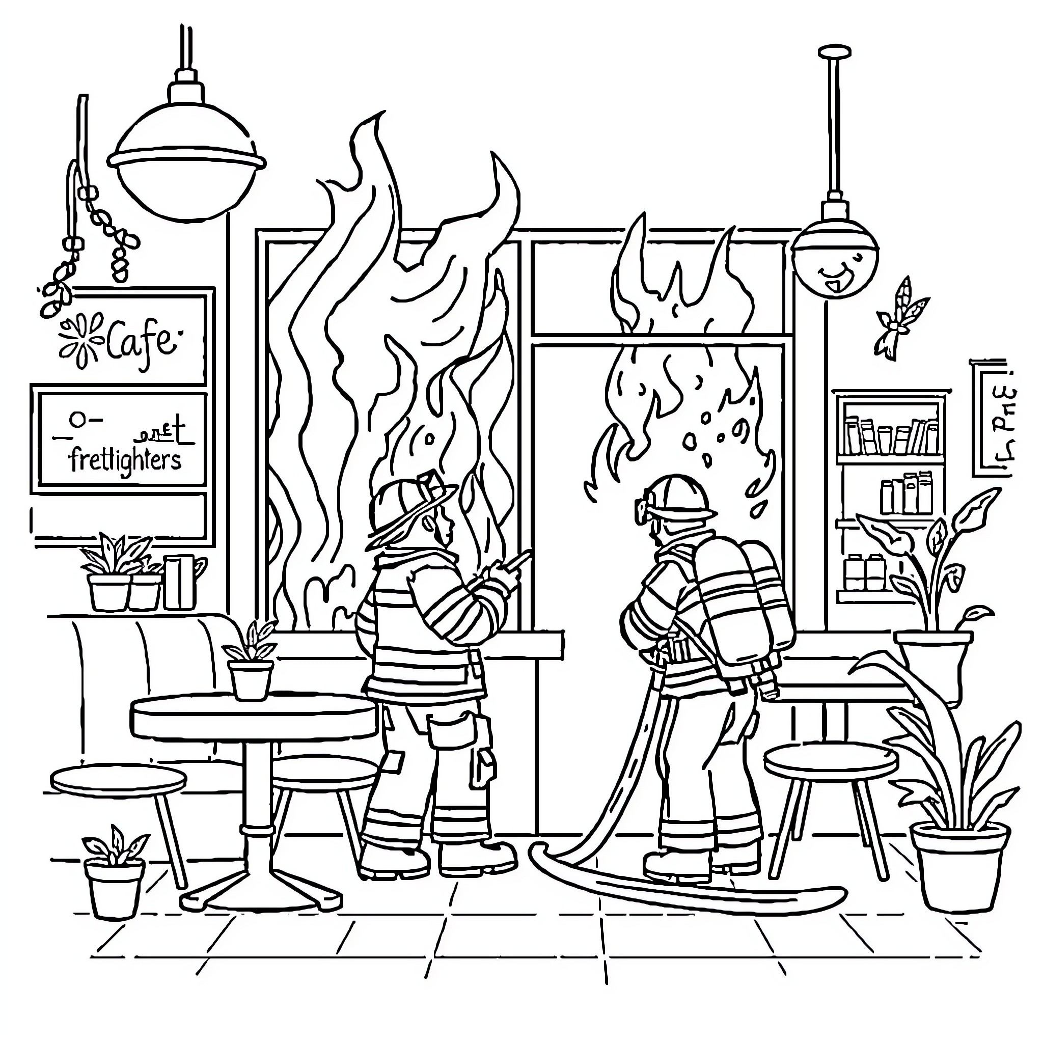 Cafe firefighters tackling blaze in cozy setting Coloring Page (free black-and-white line drawing printable PDF for all, from beginners to advanced learners, including children, teens, adults, and seniors)