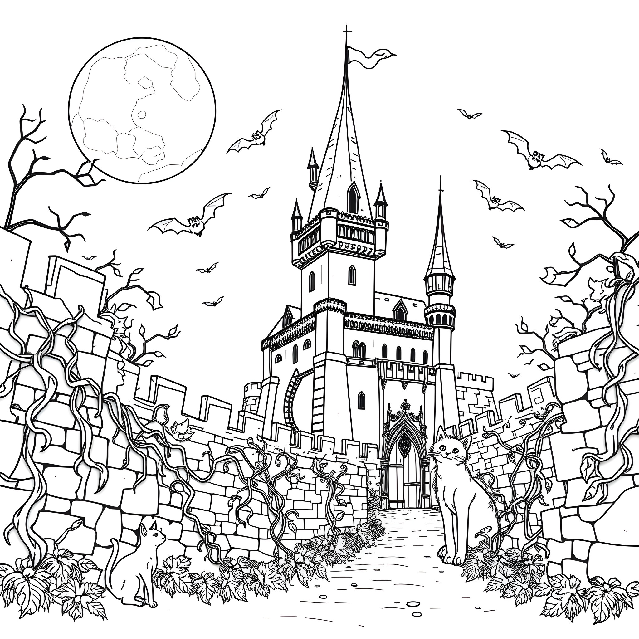 Bat-like creatures flying around medieval castle in moonlight Coloring Page (free black-and-white line drawing printable PDF for all, from beginners to advanced learners, including children, teens, adults, and seniors)