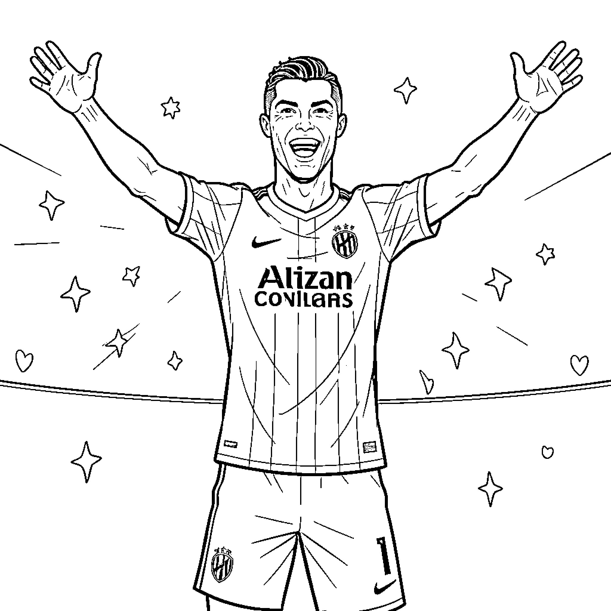 Cristiano Ronaldo celebrating with arms raised and smiling Coloring Page (free black-and-white line drawing printable PDF for all, from beginners to advanced learners, including children, teens, adults, and seniors)