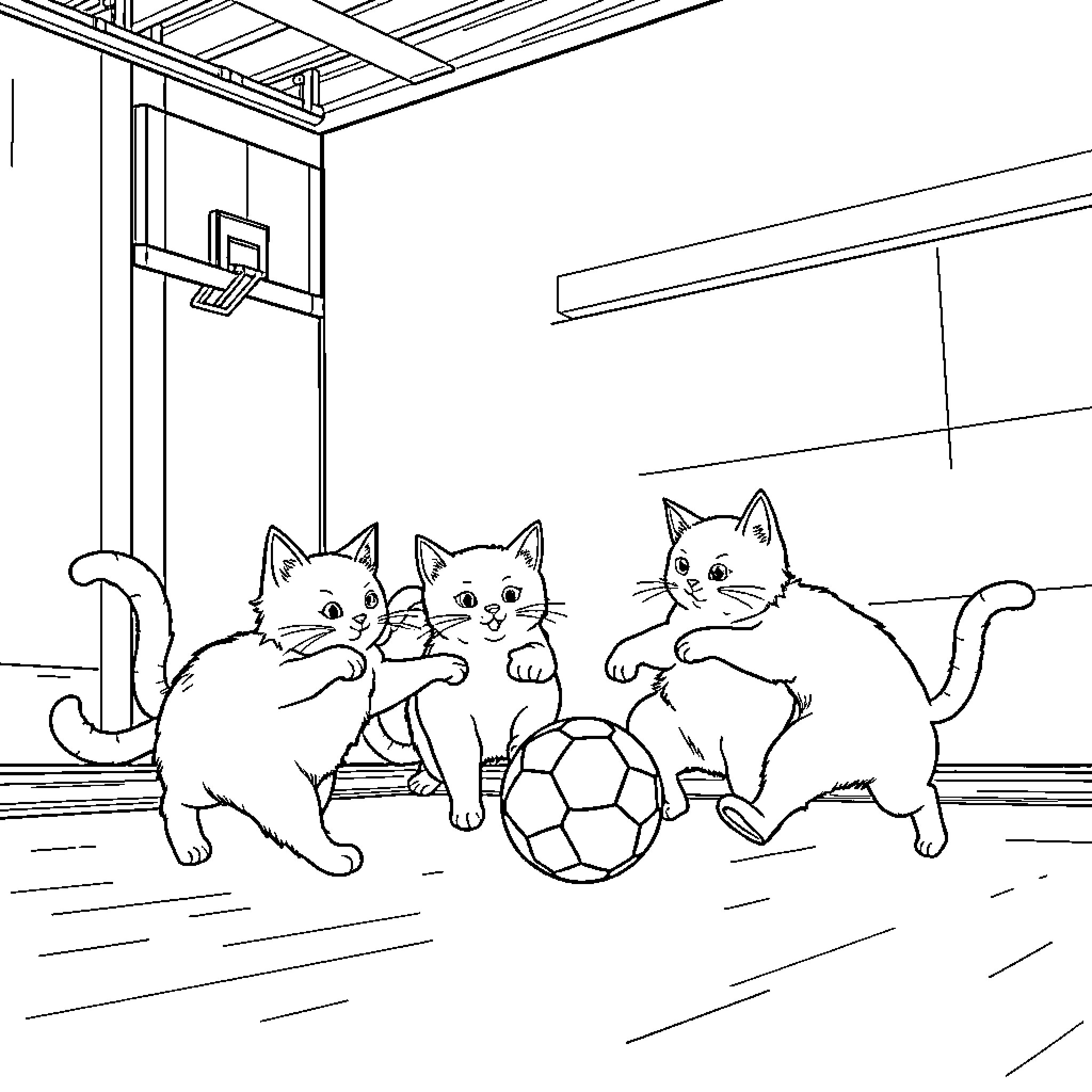 Cats playing with soccer ball in indoor court Coloring Page (free black-and-white line drawing printable PDF for all, from beginners to advanced learners, including children, teens, adults, and seniors)