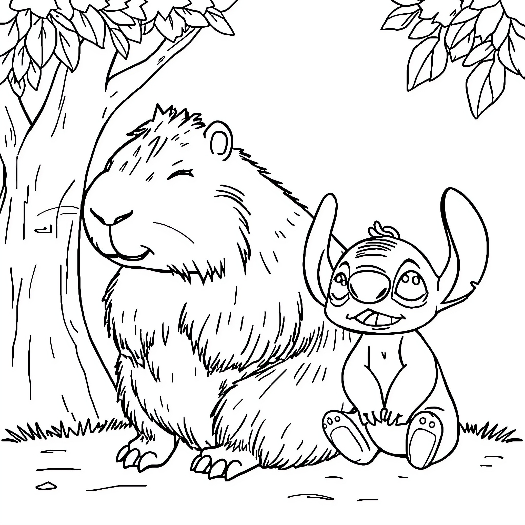 Capybara and Troll friends in the forest Coloring Page (free black-and-white line drawing printable PDF for all, from beginners to advanced learners, including children, teens, adults, and seniors)