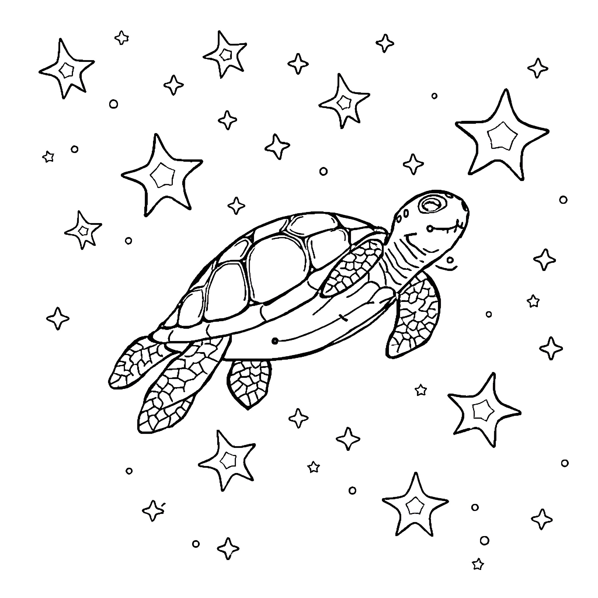 Turtle swimming among the stars Coloring Page (free black-and-white line drawing printable PDF for all, from beginners to advanced learners, including children, teens, adults, and seniors)