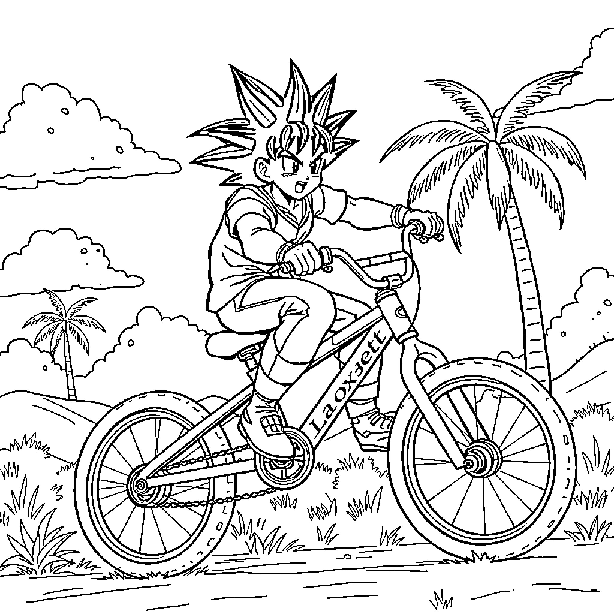 Dragon Ball Z Character Riding Bicycle in Tropical Scene Coloring Page (free black-and-white line drawing printable PDF for all, from beginners to advanced learners, including children, teens, adults, and seniors)