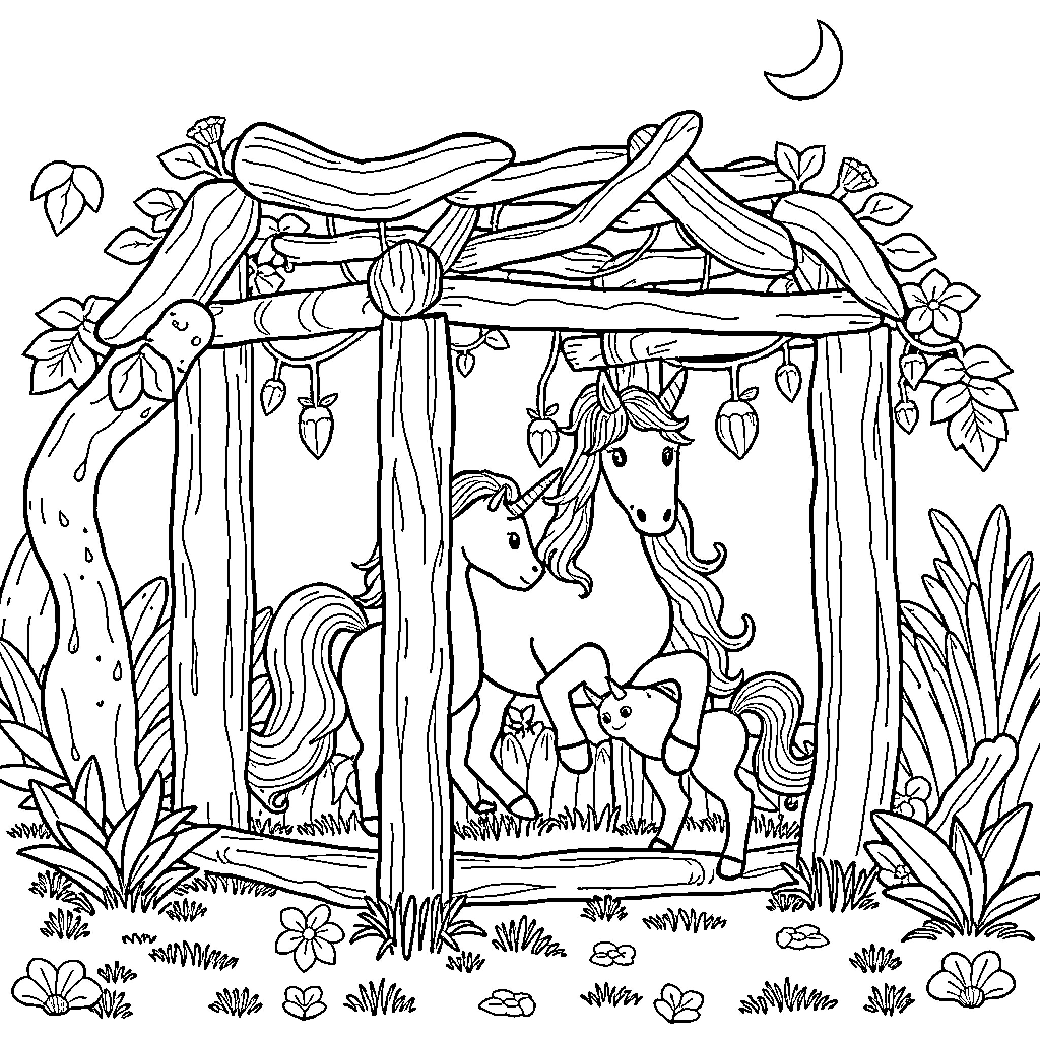 Jungle Gym with Playful Unicorns in Enchanted Forest Coloring Page (free black-and-white line drawing printable PDF for all, from beginners to advanced learners, including children, teens, adults, and seniors)