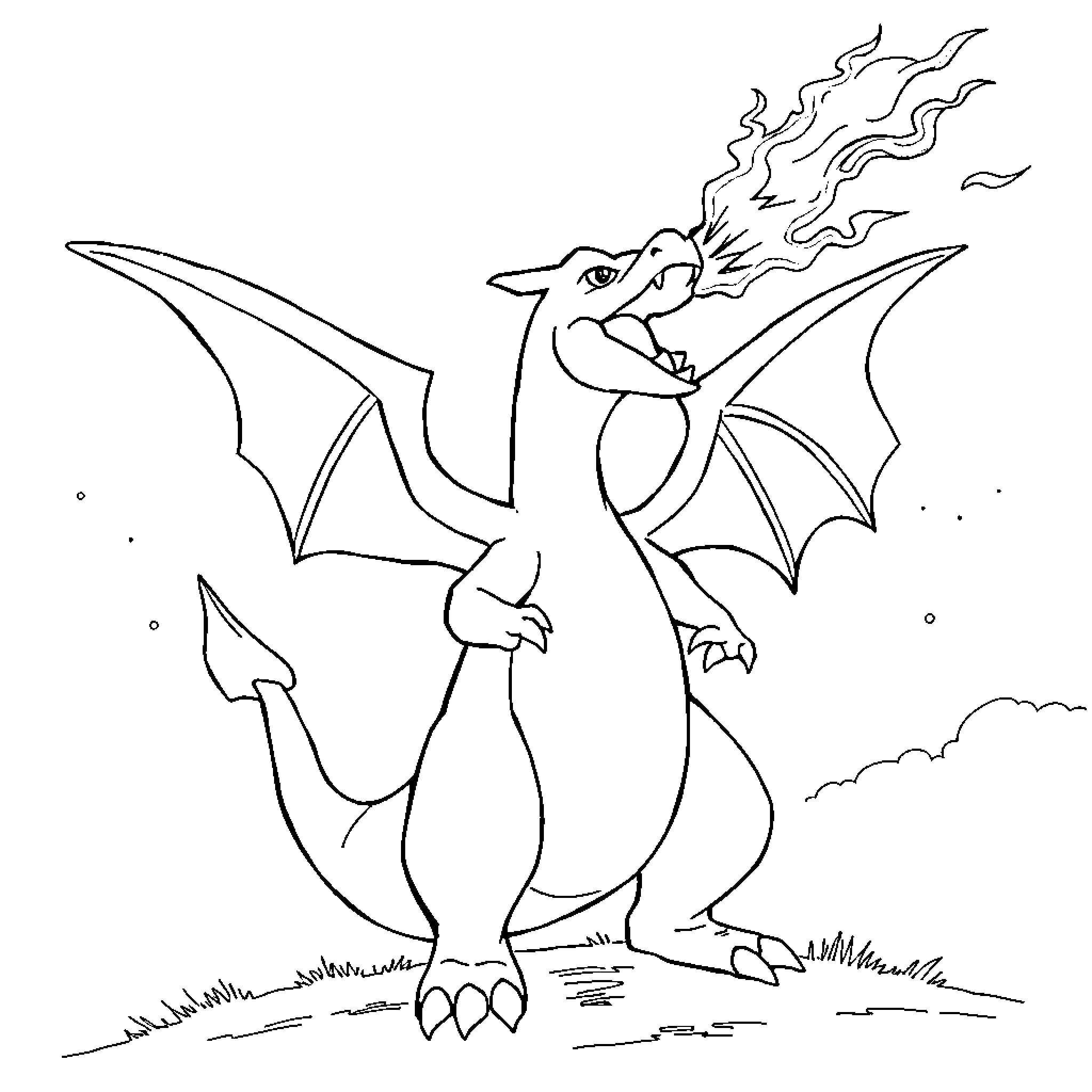 Charizard breathing fiery breath in the sky Coloring Page (free black-and-white line drawing printable PDF for all, from beginners to advanced learners, including children, teens, adults, and seniors)