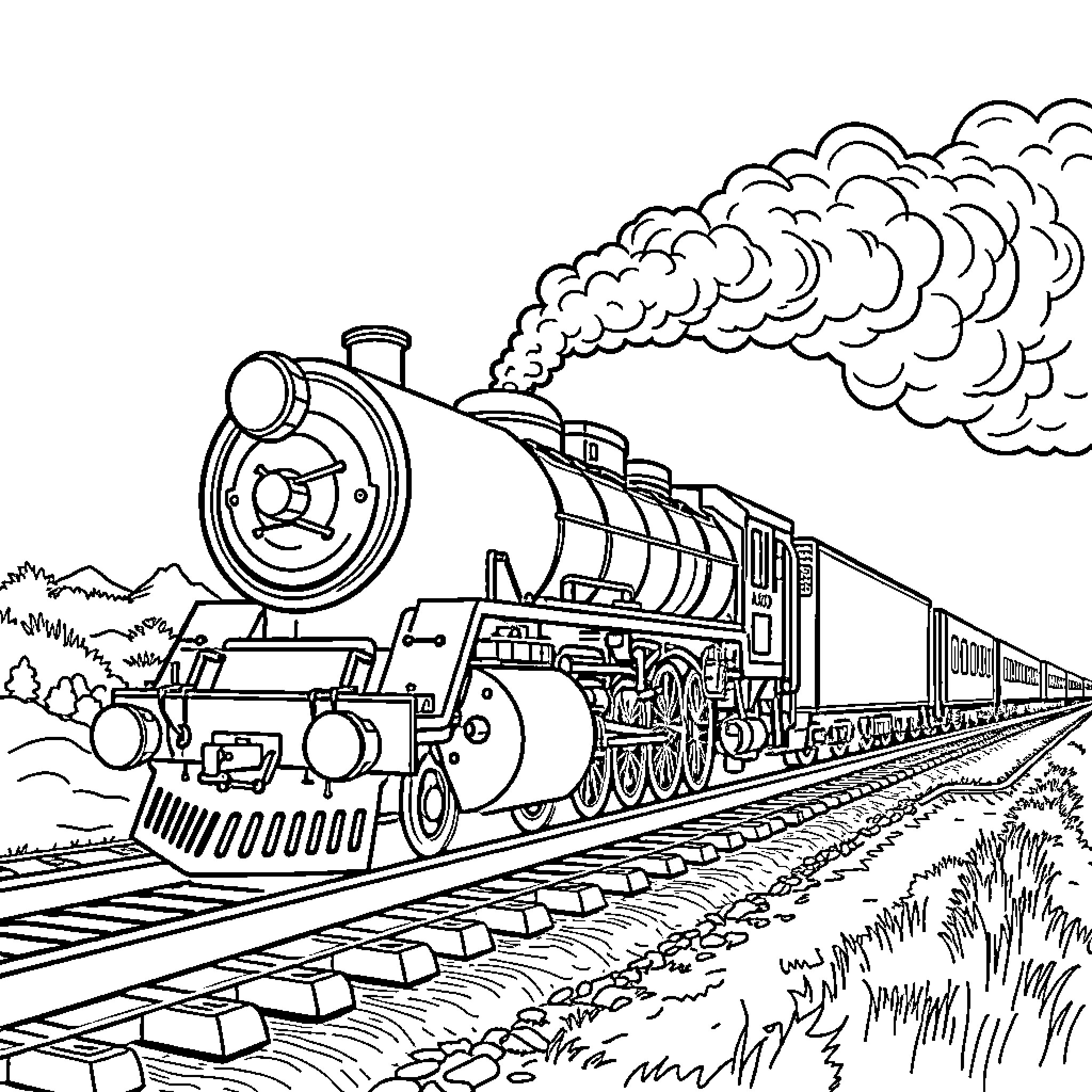 Train Steaming Through the Countryside Coloring Page (free black-and-white line drawing printable PDF for all, from beginners to advanced learners, including children, teens, adults, and seniors)