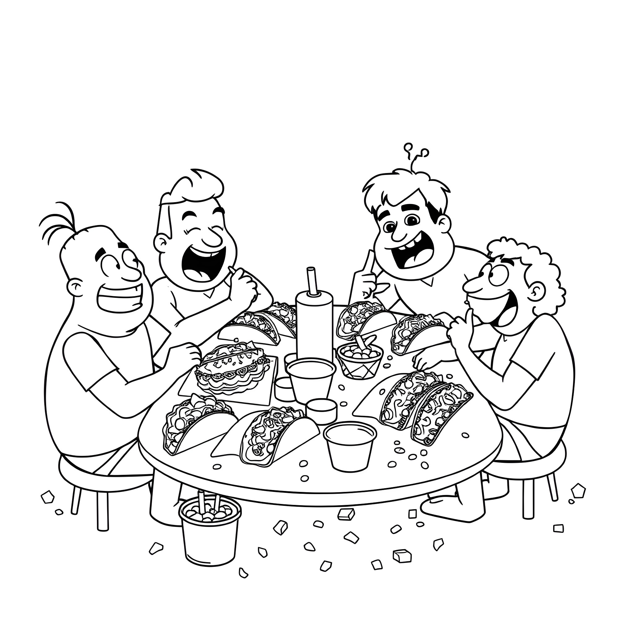 Aqua Hunger Force enjoying a delicious meal together Coloring Page (free black-and-white line drawing printable PDF for all, from beginners to advanced learners, including children, teens, adults, and seniors)