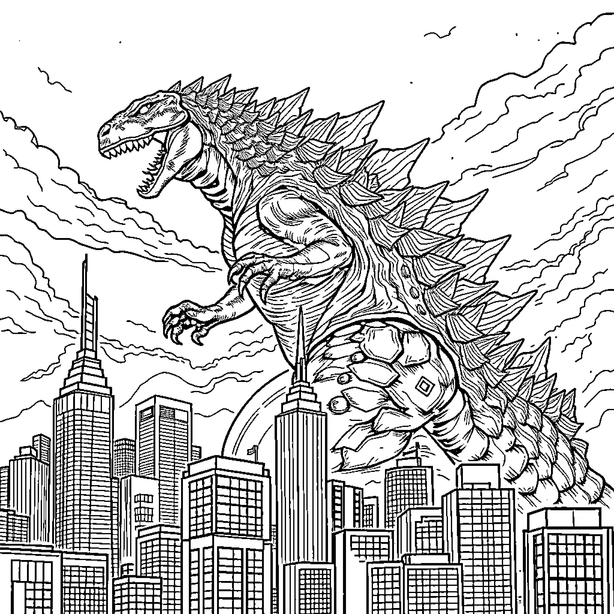 Godzilla wreaking havoc in the city Coloring Page (free black-and-white line drawing printable PDF for all, from beginners to advanced learners, including children, teens, adults, and seniors)