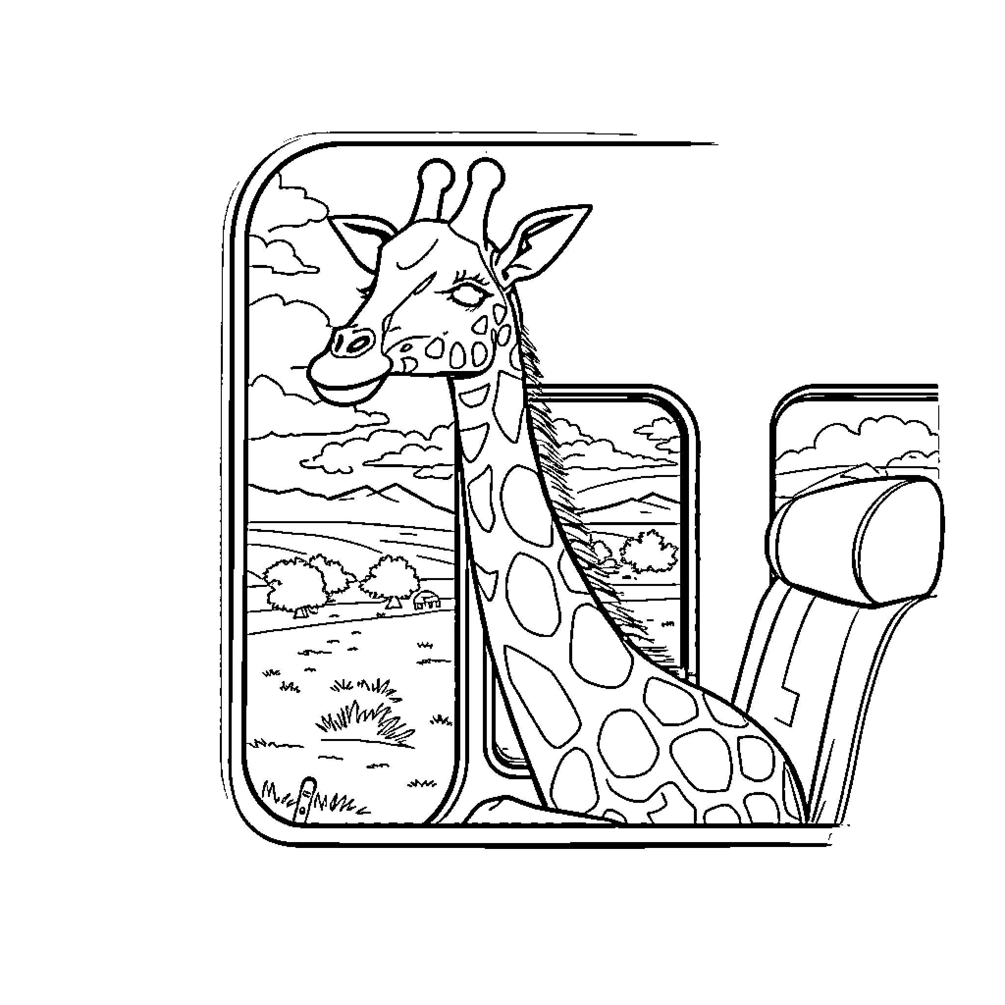 Giraffe looking out of airplane window Coloring Page (free black-and-white line drawing printable PDF for all, from beginners to advanced learners, including children, teens, adults, and seniors)