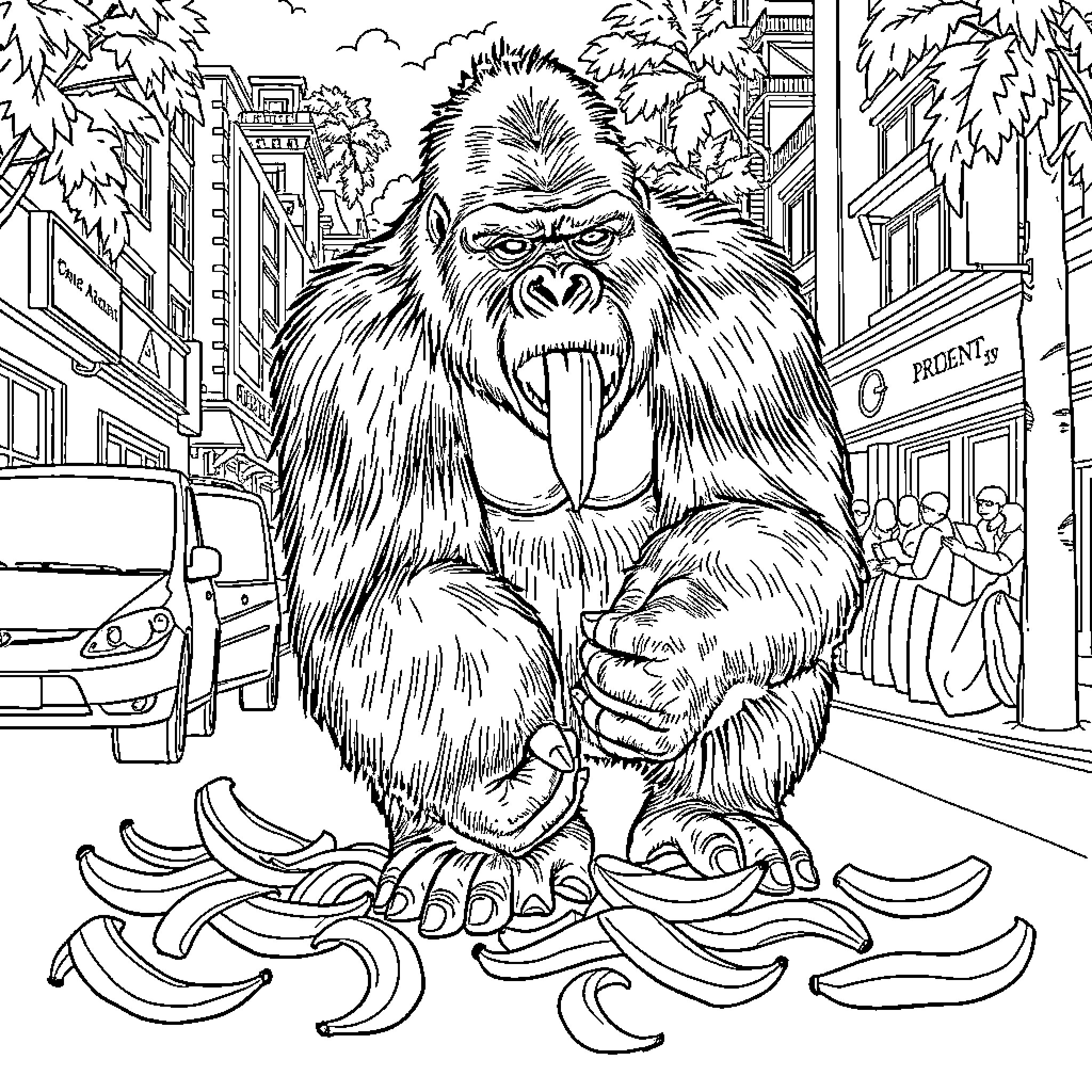 Gorilla sitting on the street surrounded by bananas Coloring Page (free black-and-white line drawing printable PDF for all, from beginners to advanced learners, including children, teens, adults, and seniors)