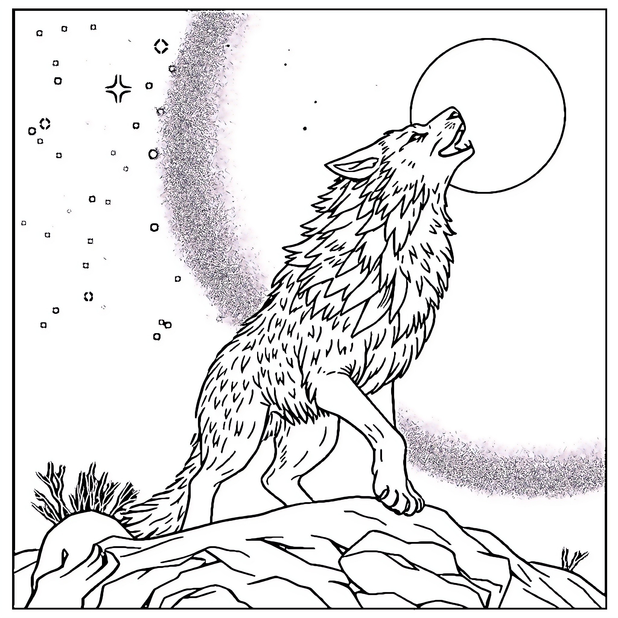 Wolf howling under the night sky Coloring Page (free black-and-white line drawing printable PDF for all, from beginners to advanced learners, including children, teens, adults, and seniors)