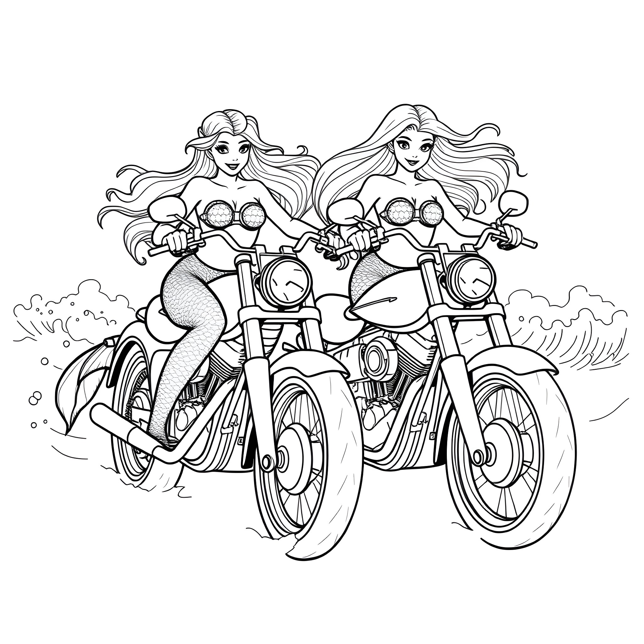 Mermaid sisters riding motorcycles on the beach Coloring Page (free black-and-white line drawing printable PDF for all, from beginners to advanced learners, including children, teens, adults, and seniors)