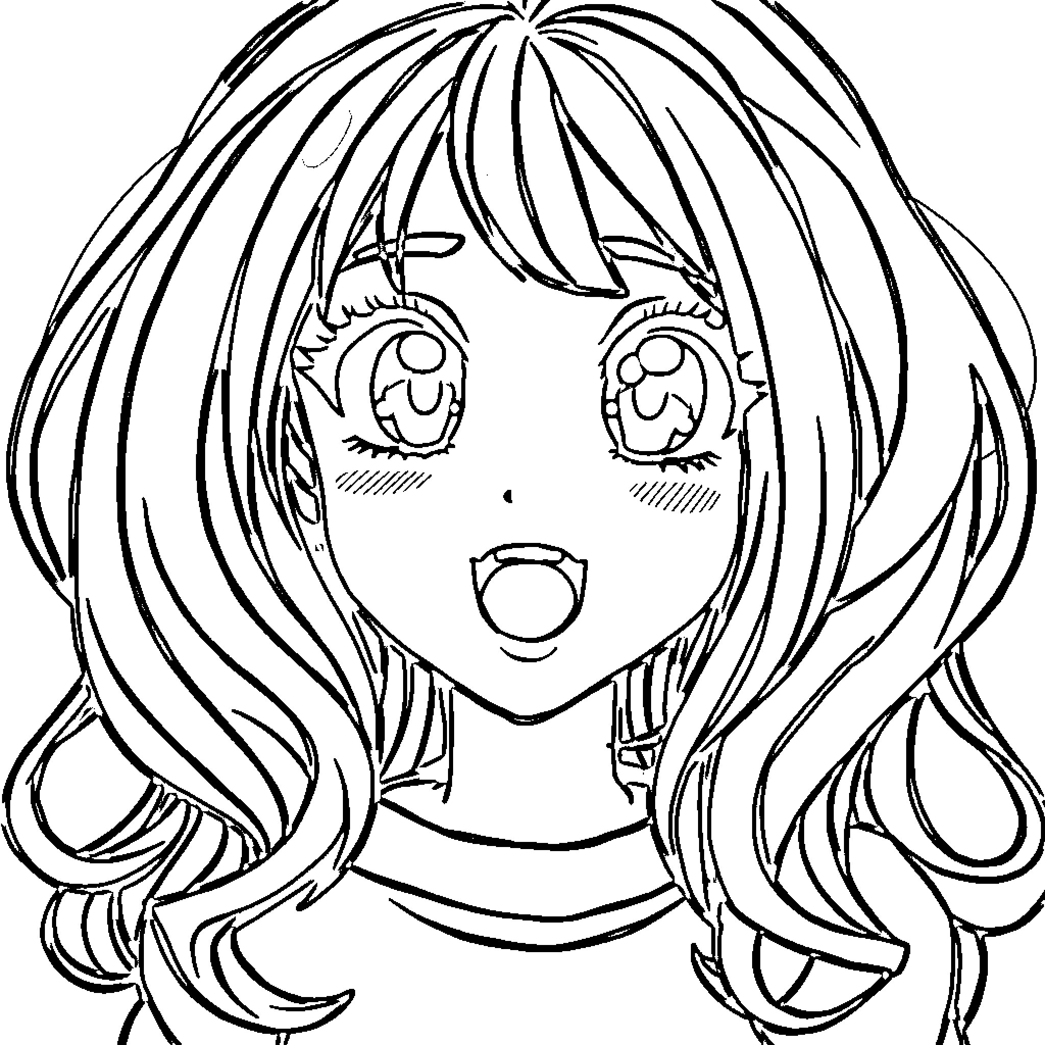 Anime Girl with Expressive Face and Flowing Hair Coloring Page (free black-and-white line drawing printable PDF for all, from beginners to advanced learners, including children, teens, adults, and seniors)