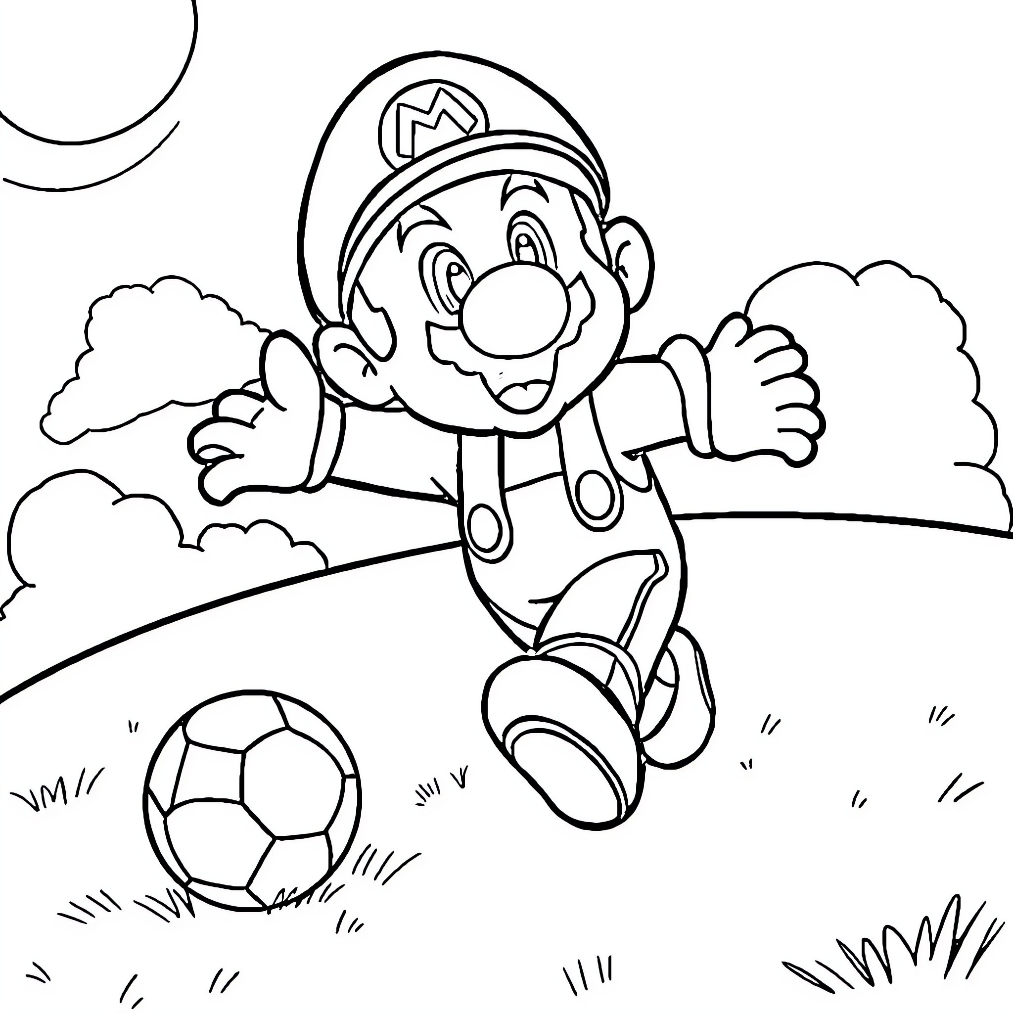 Mario happily jumping and playing with a soccer ball Coloring Page (free black-and-white line drawing printable PDF for all, from beginners to advanced learners, including children, teens, adults, and seniors)