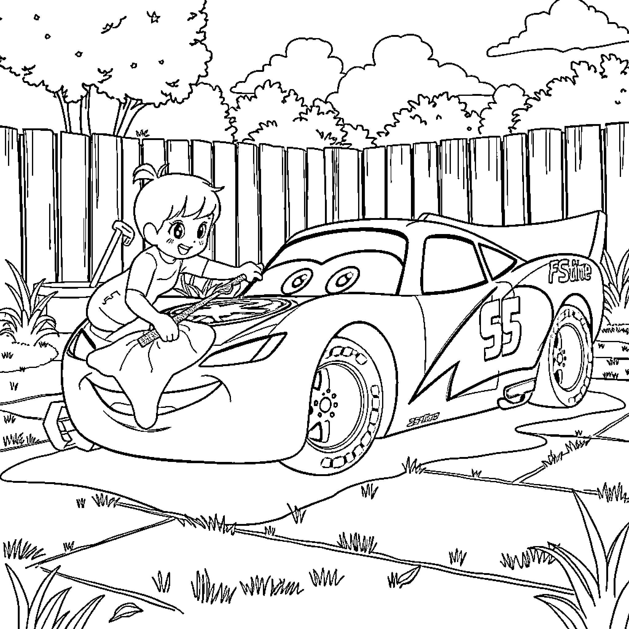 Bluey's Outdoor Adventure with Race Car Coloring Page (free black-and-white line drawing printable PDF for all, from beginners to advanced learners, including children, teens, adults, and seniors)
