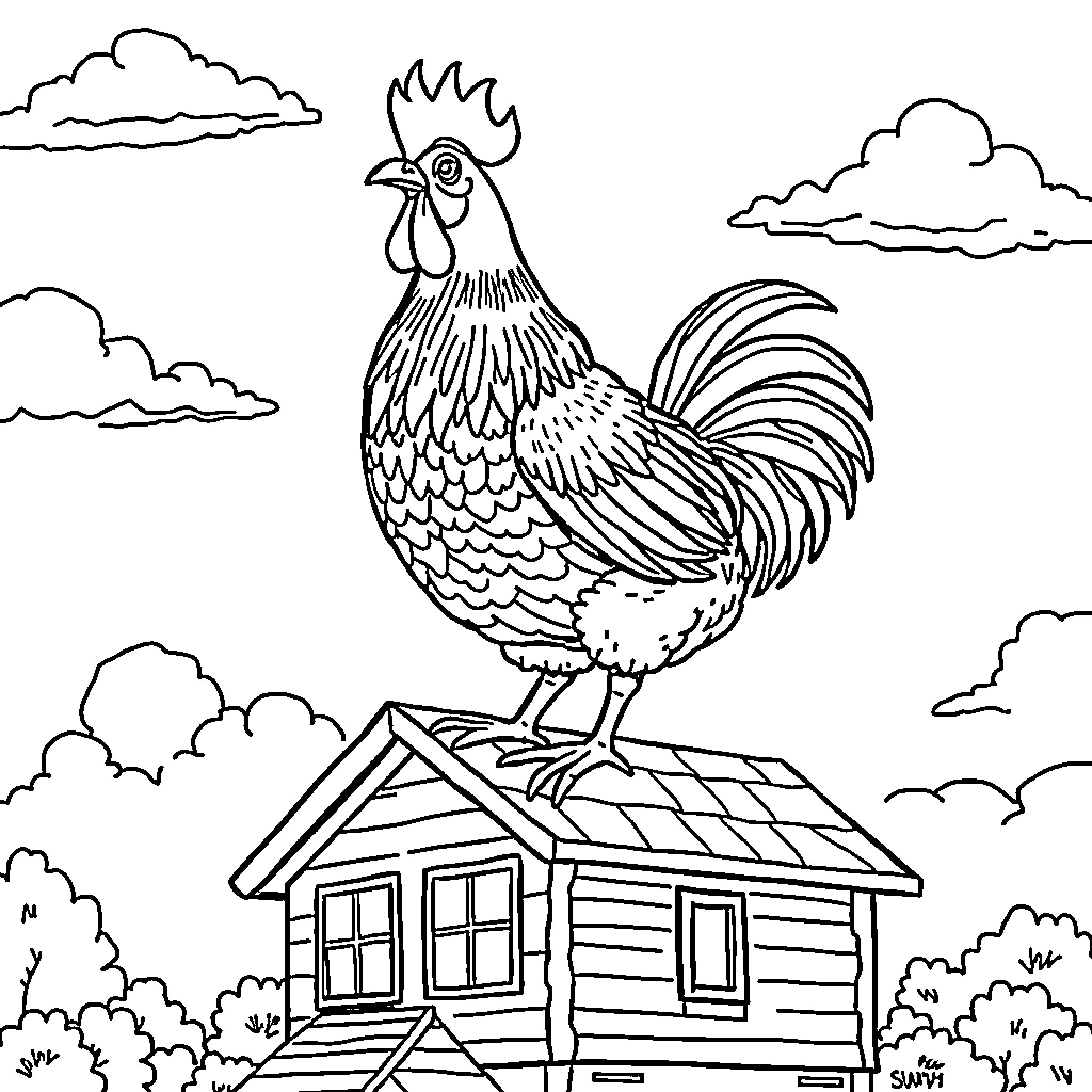Chicken standing atop a wooden cabin in the countryside Coloring Page (free black-and-white line drawing printable PDF for all, from beginners to advanced learners, including children, teens, adults, and seniors)