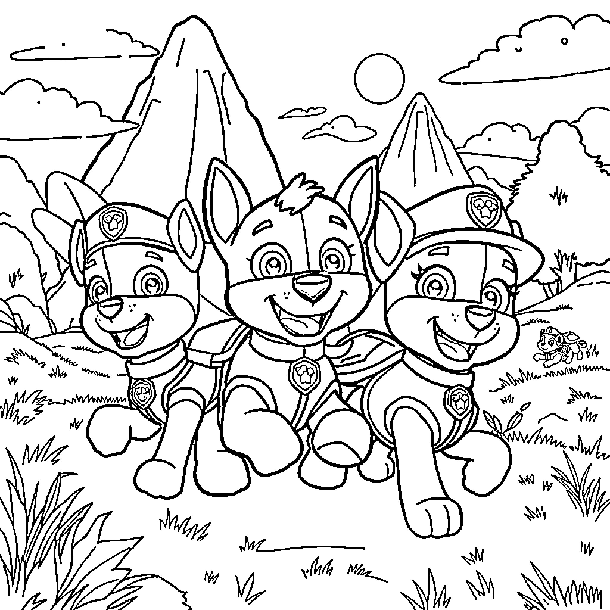 Puppies playing happily in the mountains Coloring Page (free black-and-white line drawing printable PDF for all, from beginners to advanced learners, including children, teens, adults, and seniors)