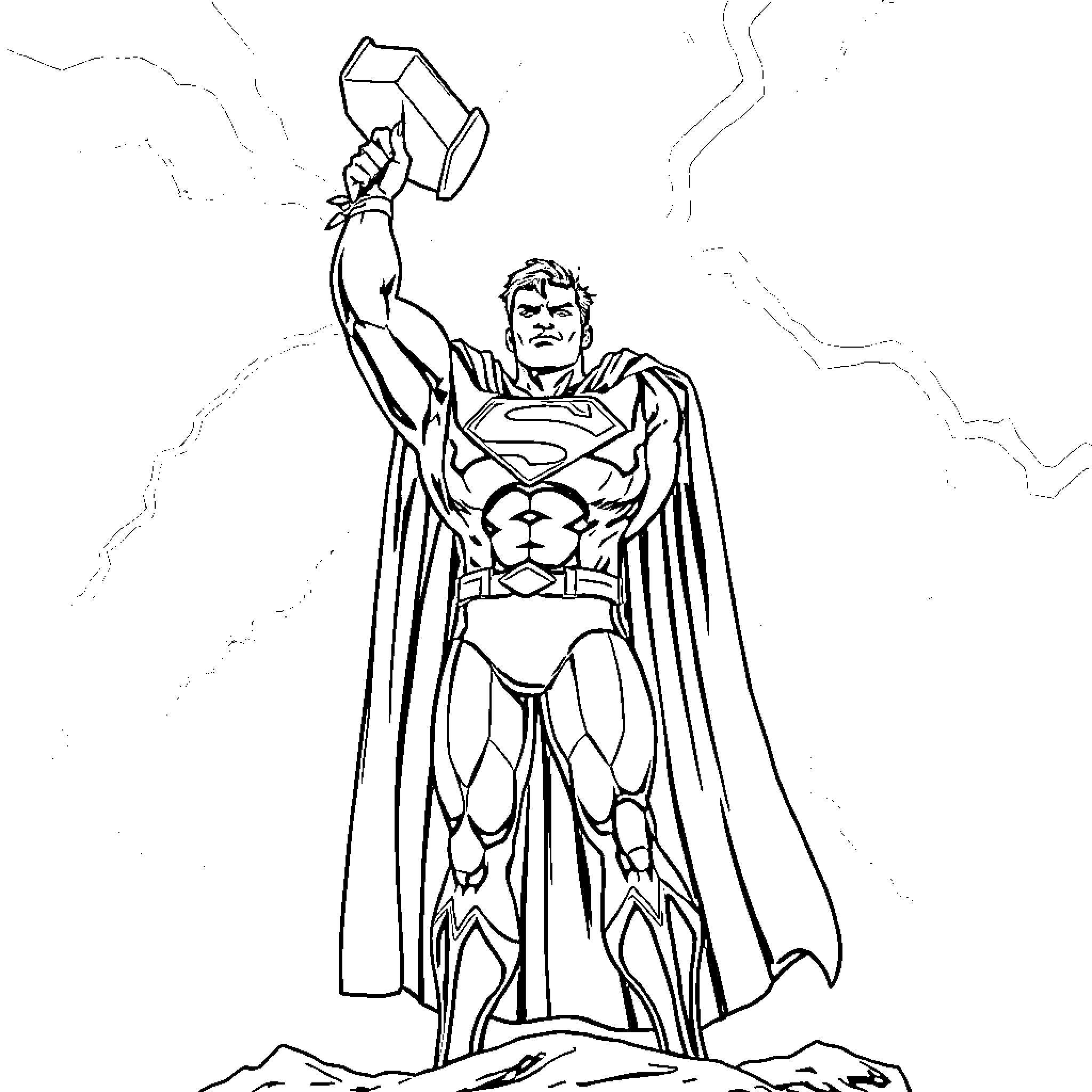 Superman brandishing his mighty hammer in a heroic stance Coloring Page (free black-and-white line drawing printable PDF for all, from beginners to advanced learners, including children, teens, adults, and seniors)