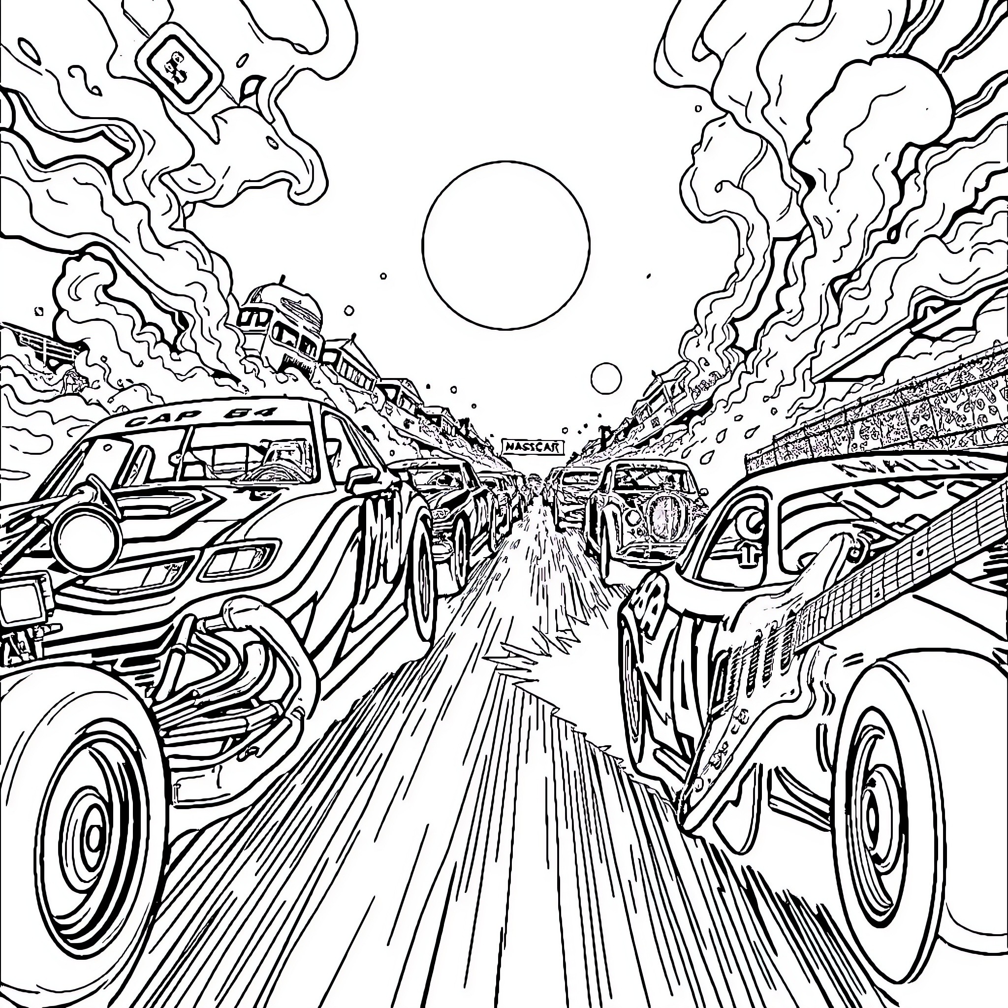 Nascar race with high-speed cars and dramatic scenery Coloring Page (free black-and-white line drawing printable PDF for all, from beginners to advanced learners, including children, teens, adults, and seniors)
