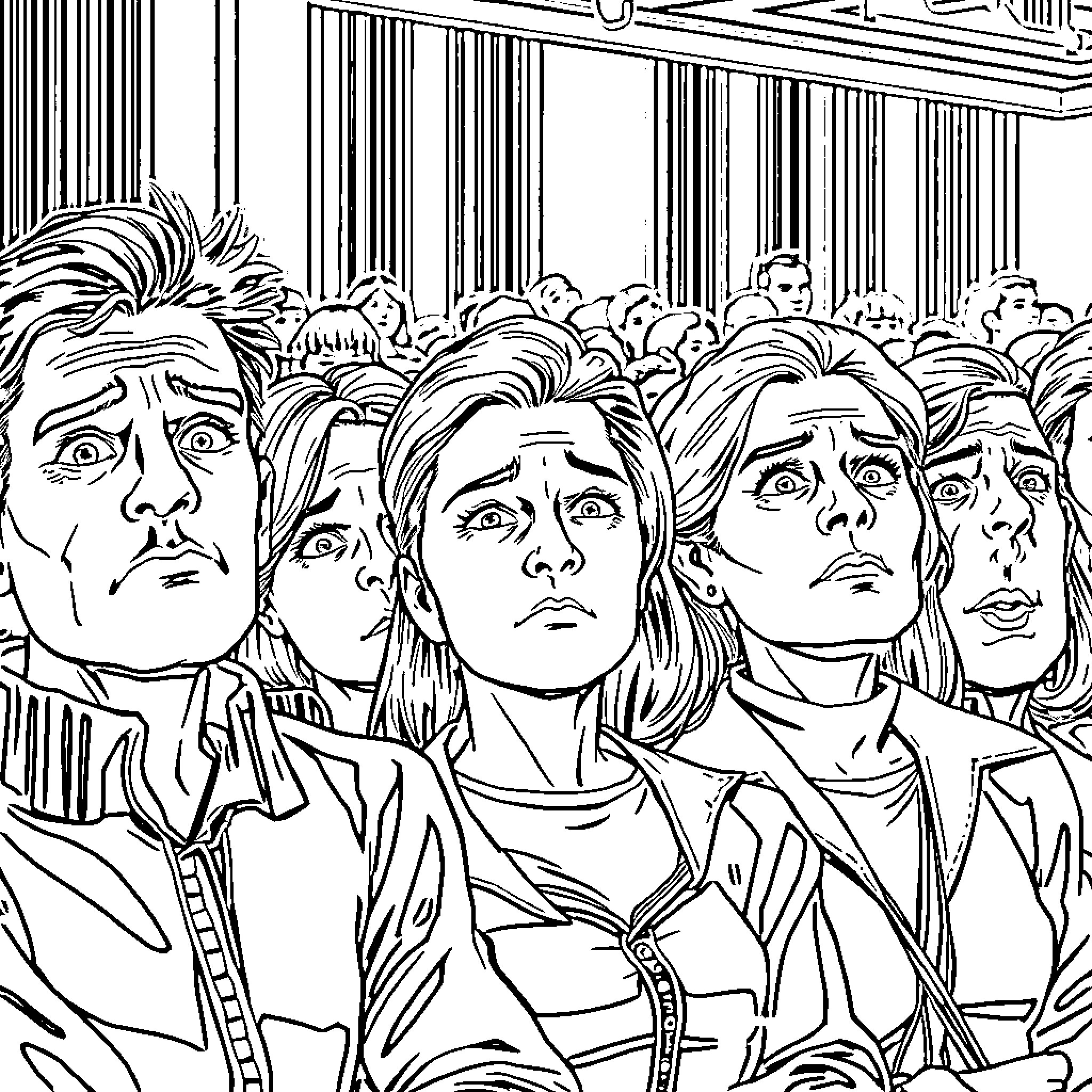 Audience of Concerned Individuals Coloring Page (free black-and-white line drawing printable PDF for all, from beginners to advanced learners, including children, teens, adults, and seniors)