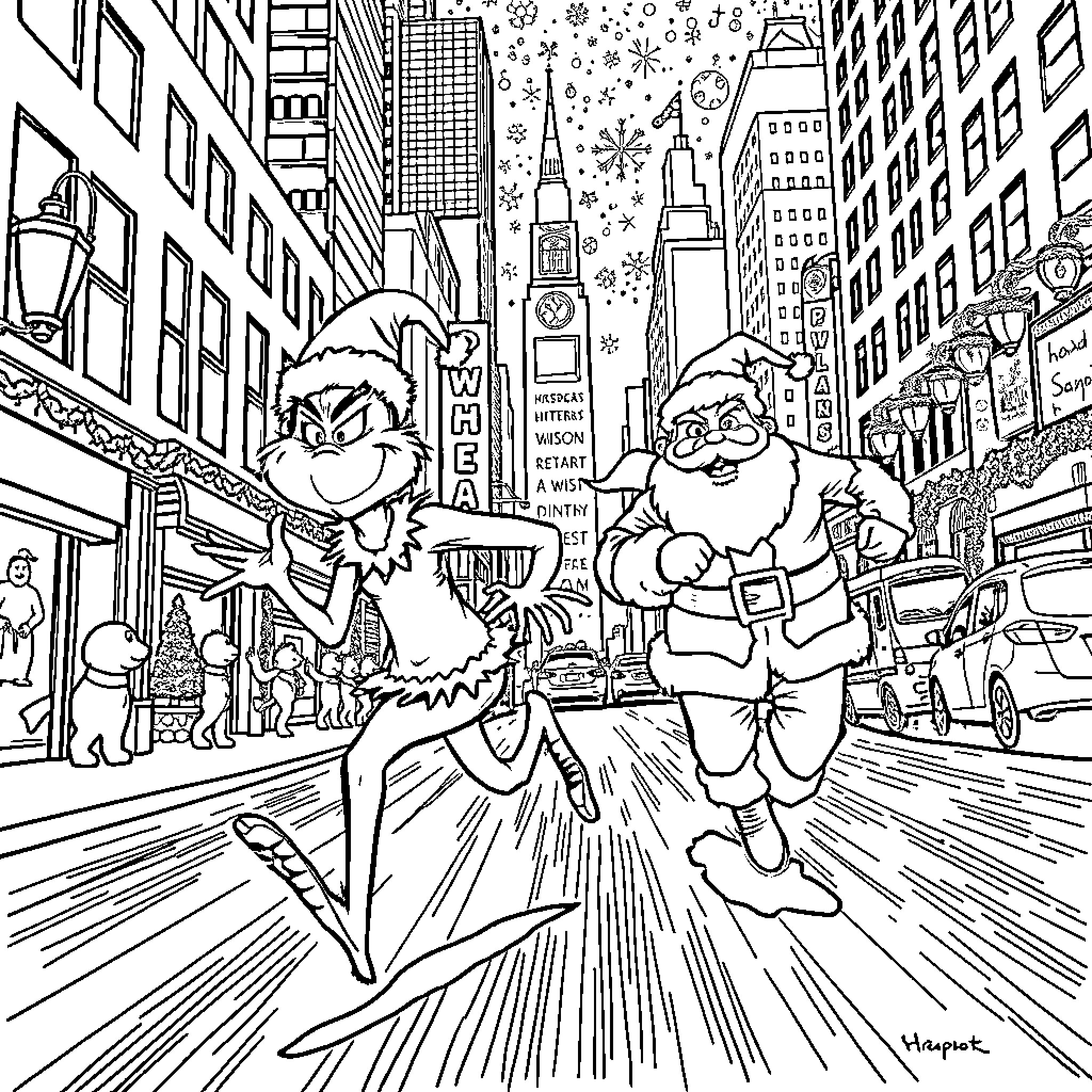 Grinch and Santa running through the city streets Coloring Page (free black-and-white line drawing printable PDF for all, from beginners to advanced learners, including children, teens, adults, and seniors)