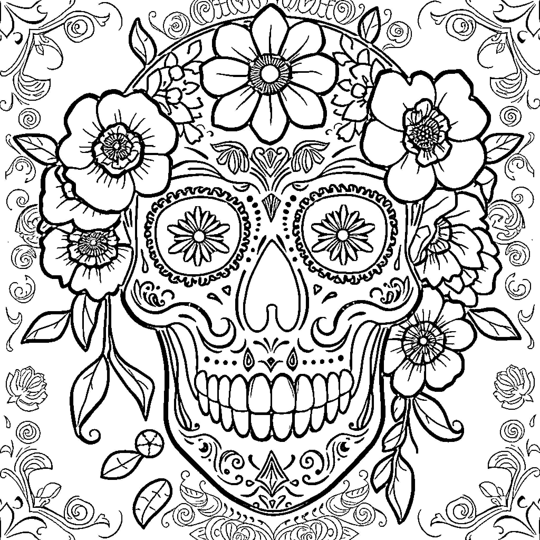 Skull adorned with intricate floral patterns Coloring Page (free black-and-white line drawing printable PDF for all, from beginners to advanced learners, including children, teens, adults, and seniors)