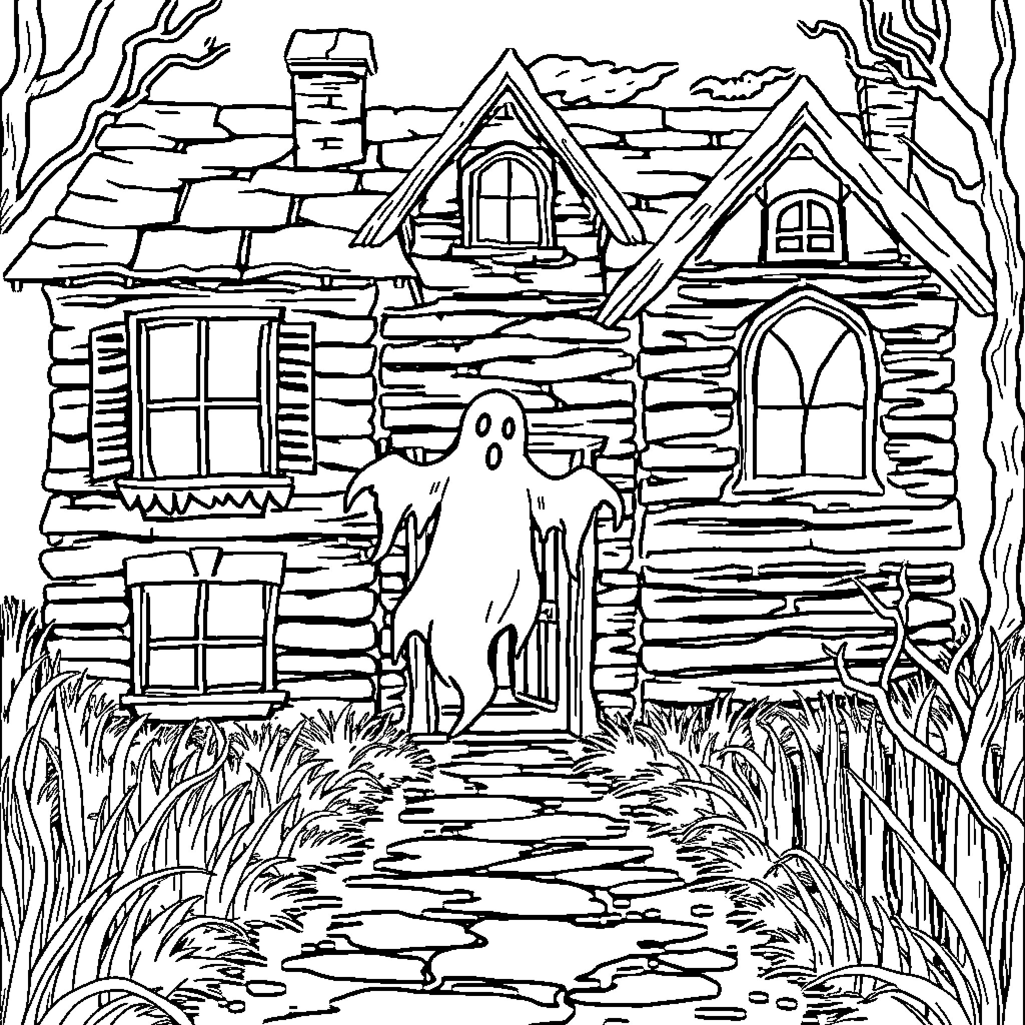 House with spooky ghost in haunted environment Coloring Page (free black-and-white line drawing printable PDF for all, from beginners to advanced learners, including children, teens, adults, and seniors)