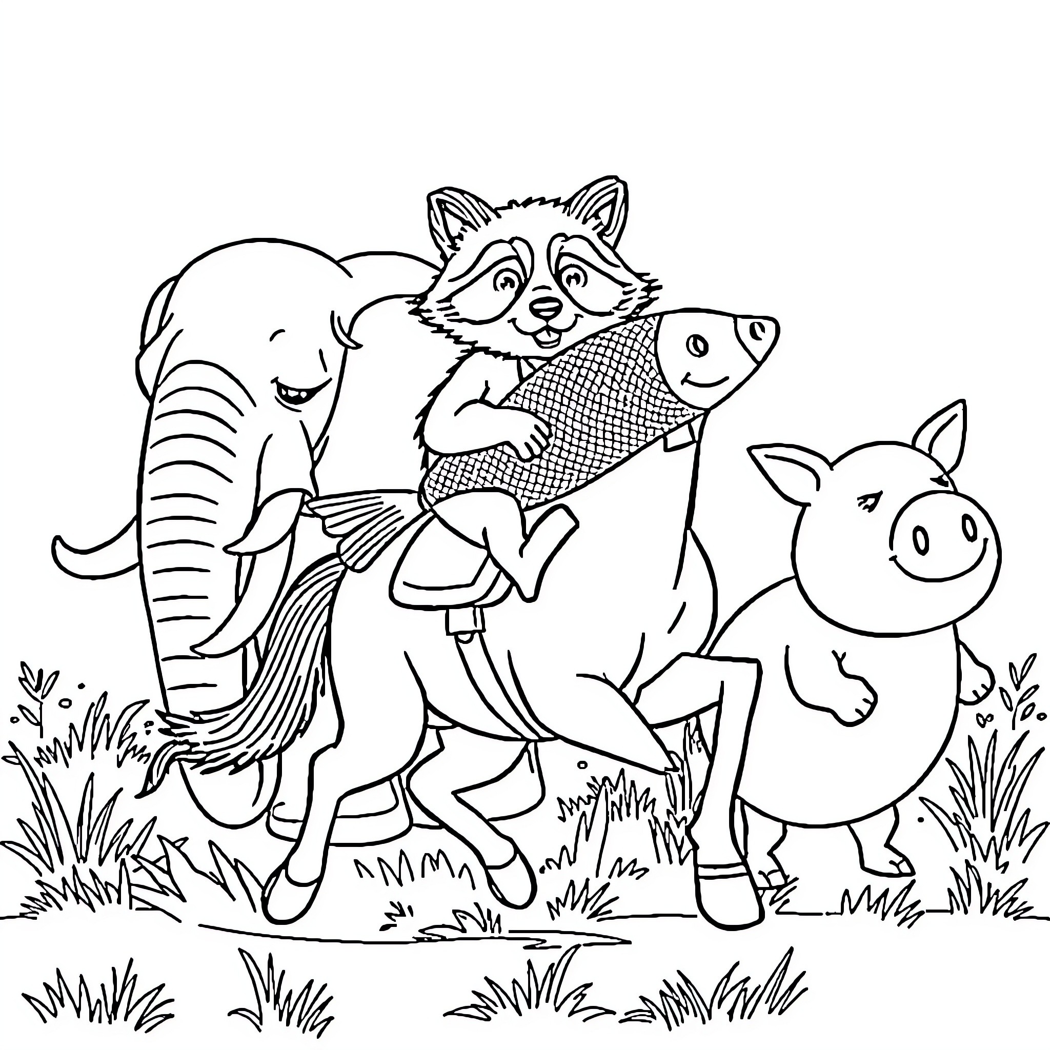 Raccoon carrying a fish with elephant and pig friends Coloring Page (free black-and-white line drawing printable PDF for all, from beginners to advanced learners, including children, teens, adults, and seniors)