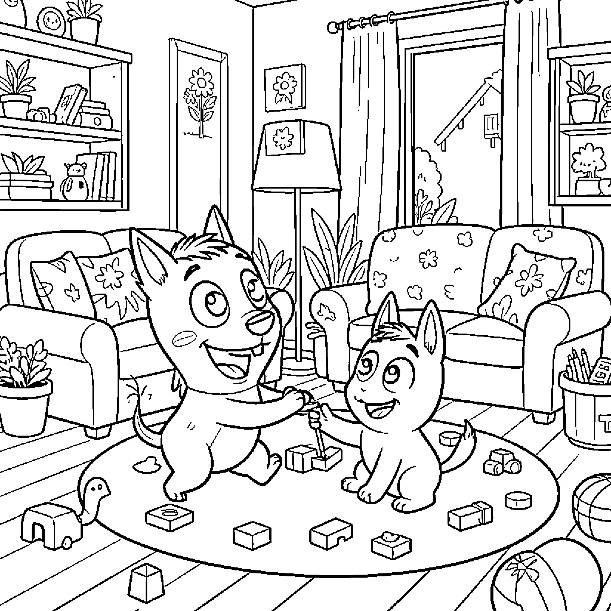Tchoupi and Friends Play Happily at Home Coloring Page (free black-and-white line drawing printable PDF for all, from beginners to advanced learners, including children, teens, adults, and seniors)