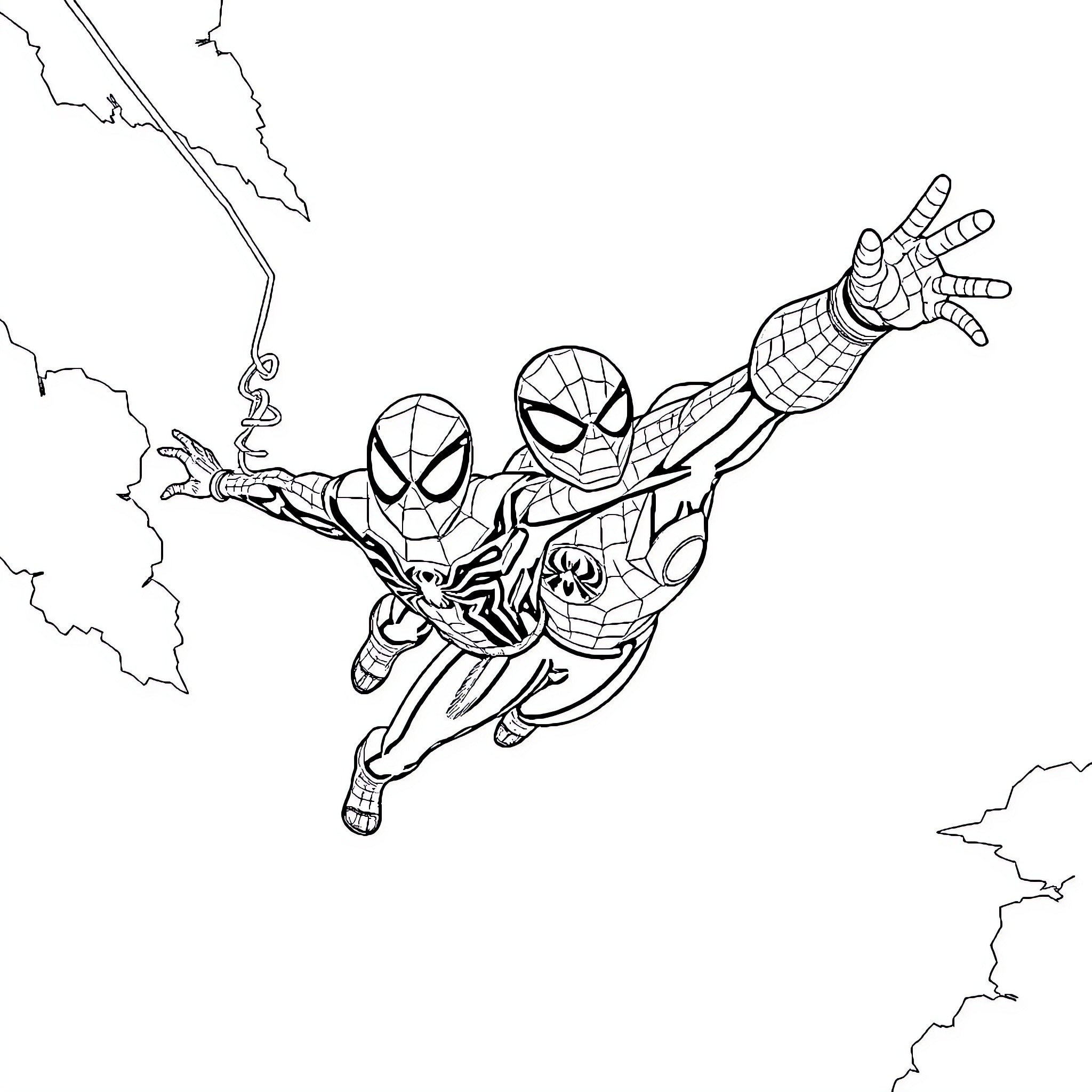 Spiderman swinging through the city in action Coloring Page (free black-and-white line drawing printable PDF for all, from beginners to advanced learners, including children, teens, adults, and seniors)
