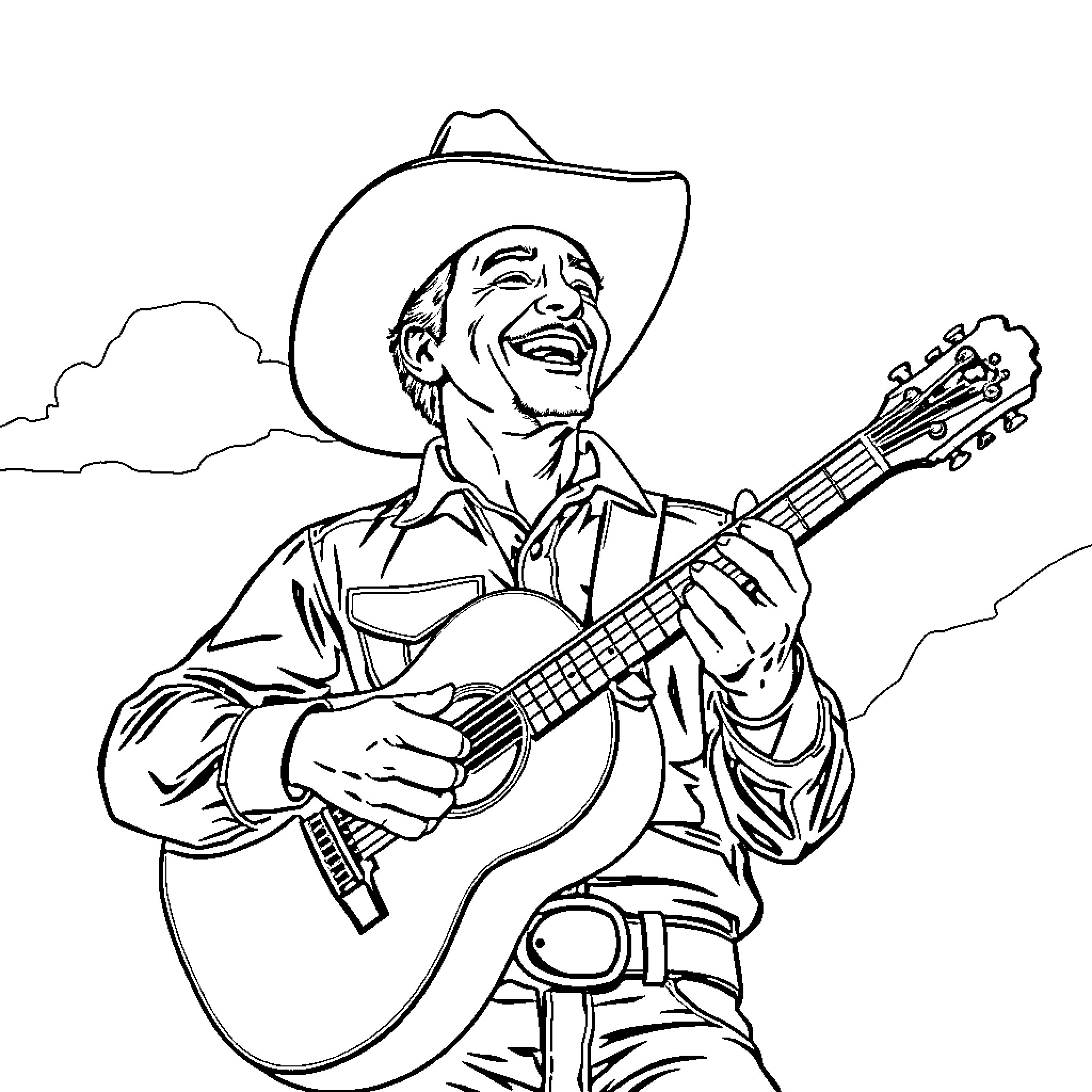 Cowboy happily playing the guitar outdoors Coloring Page (free black-and-white line drawing printable PDF for all, from beginners to advanced learners, including children, teens, adults, and seniors)
