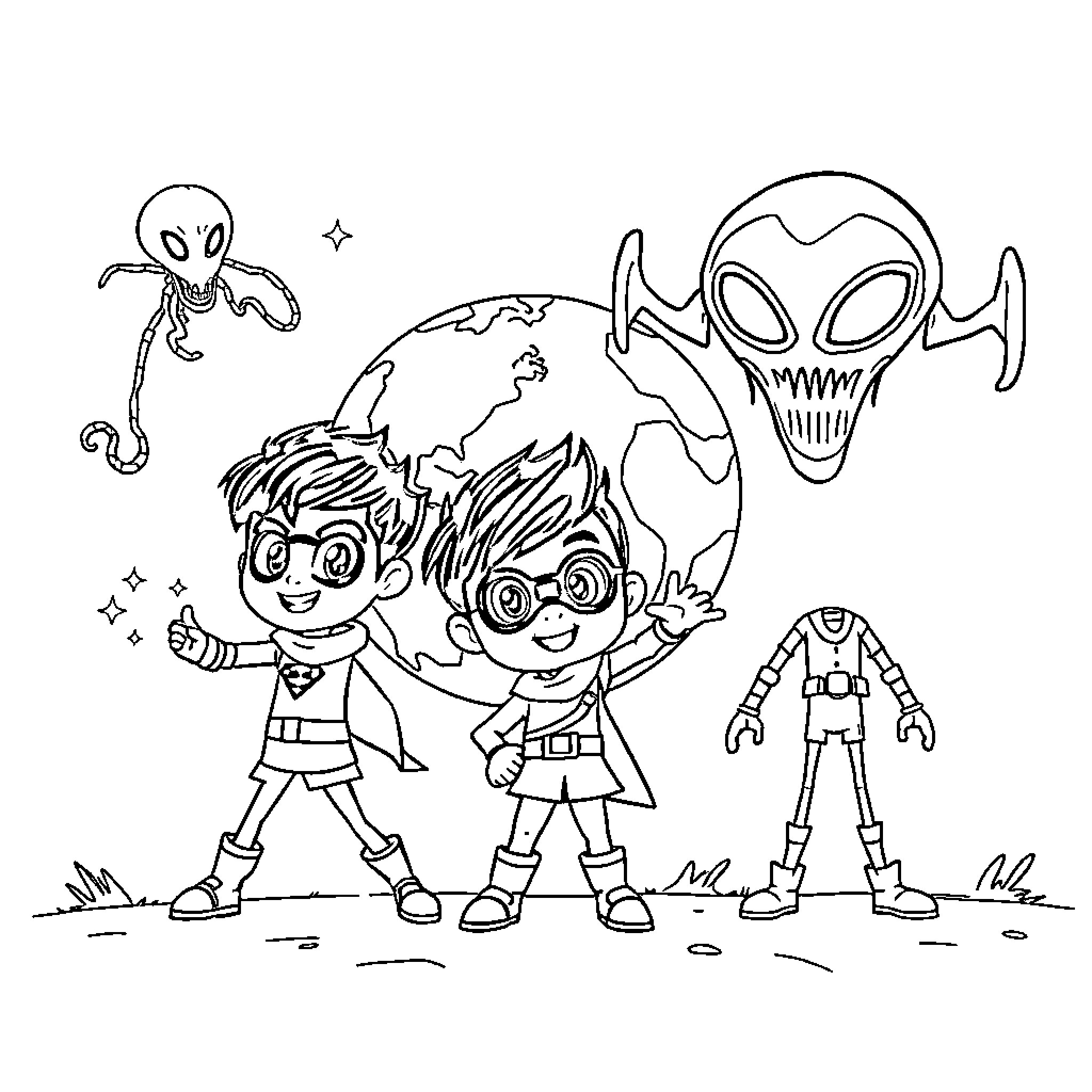 Boboiboy and Friends Exploring Alien Planet Coloring Page (free black-and-white line drawing printable PDF for all, from beginners to advanced learners, including children, teens, adults, and seniors)