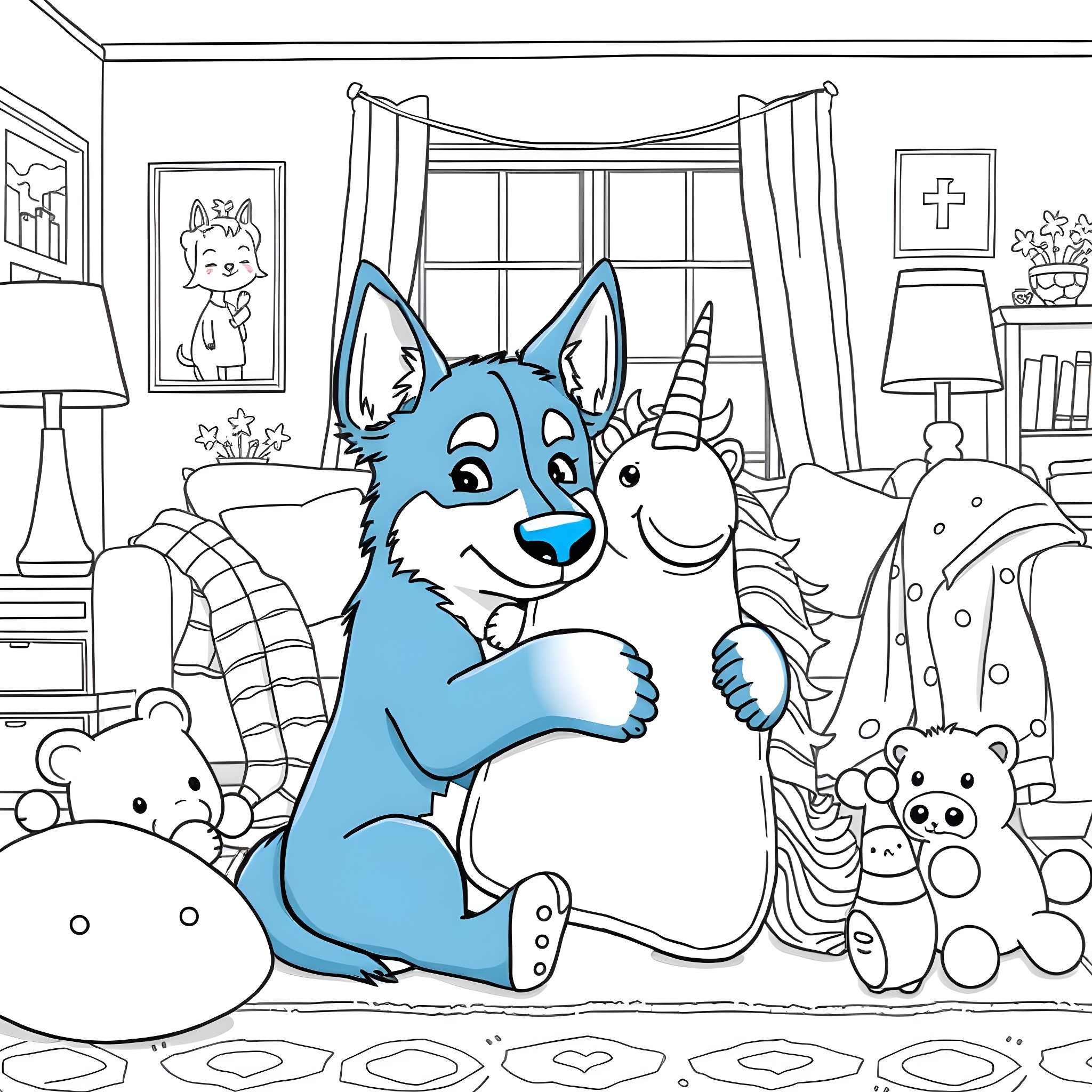 Bluey and Unicorn Playing Happily in the Bedroom Coloring Page (free black-and-white line drawing printable PDF for all, from beginners to advanced learners, including children, teens, adults, and seniors)