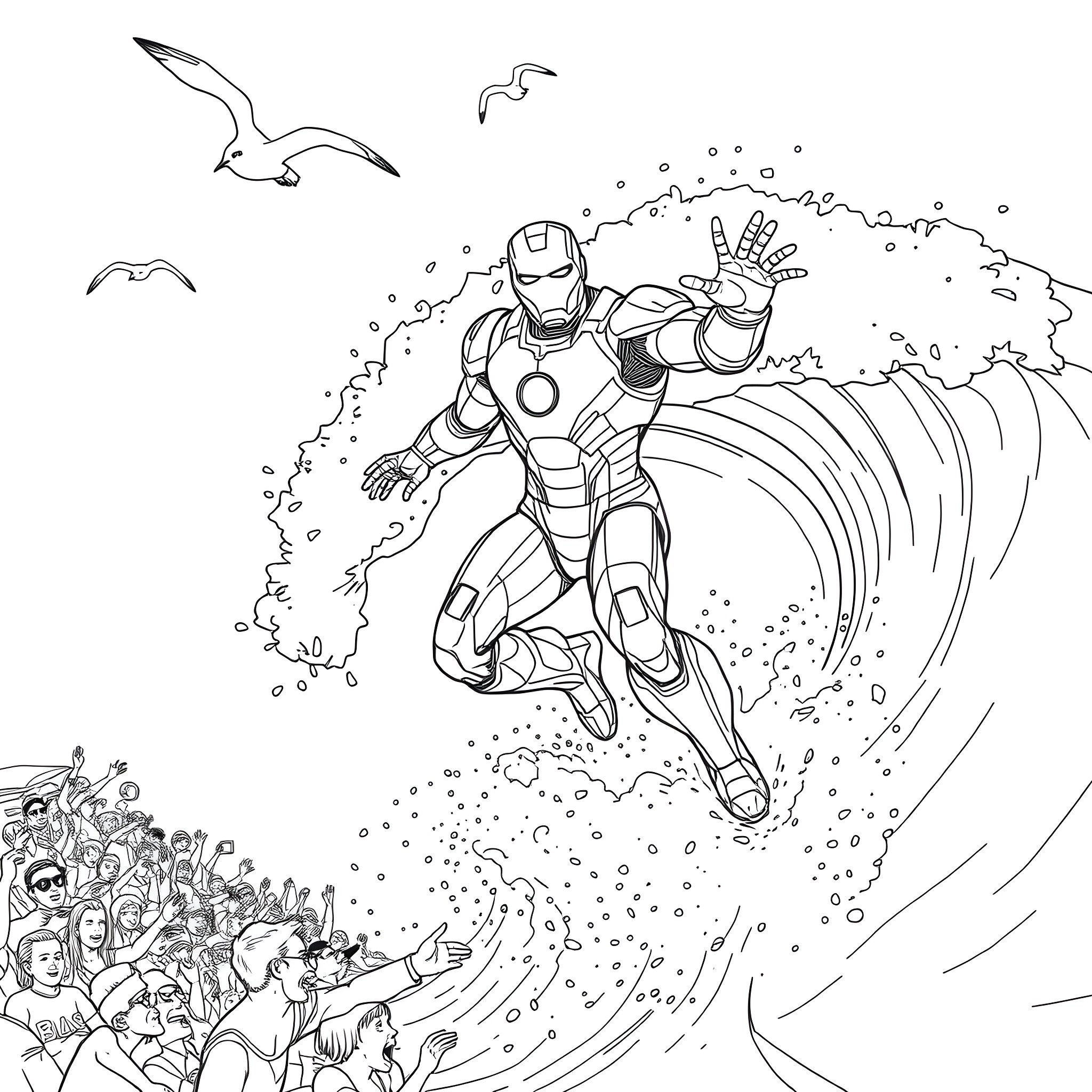 Iron Man soaring heroically over the crowd Coloring Page (free black-and-white line drawing printable PDF for all, from beginners to advanced learners, including children, teens, adults, and seniors)