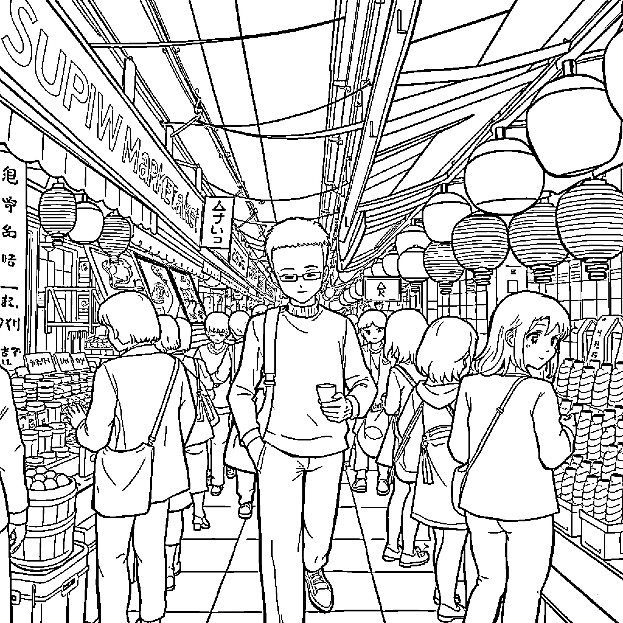 Saitama exploring a bustling marketplace Coloring Page (free black-and-white line drawing printable PDF for all, from beginners to advanced learners, including children, teens, adults, and seniors)