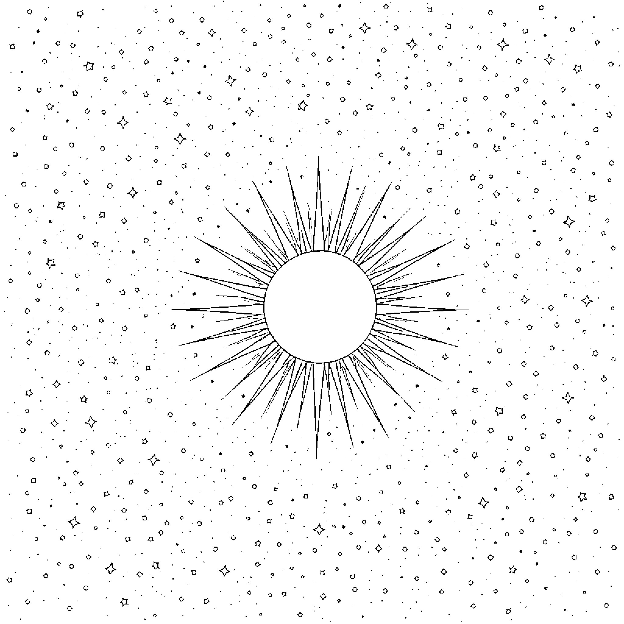 Sun shining brightly in the starry night sky Coloring Page (free black-and-white line drawing printable PDF for all, from beginners to advanced learners, including children, teens, adults, and seniors)