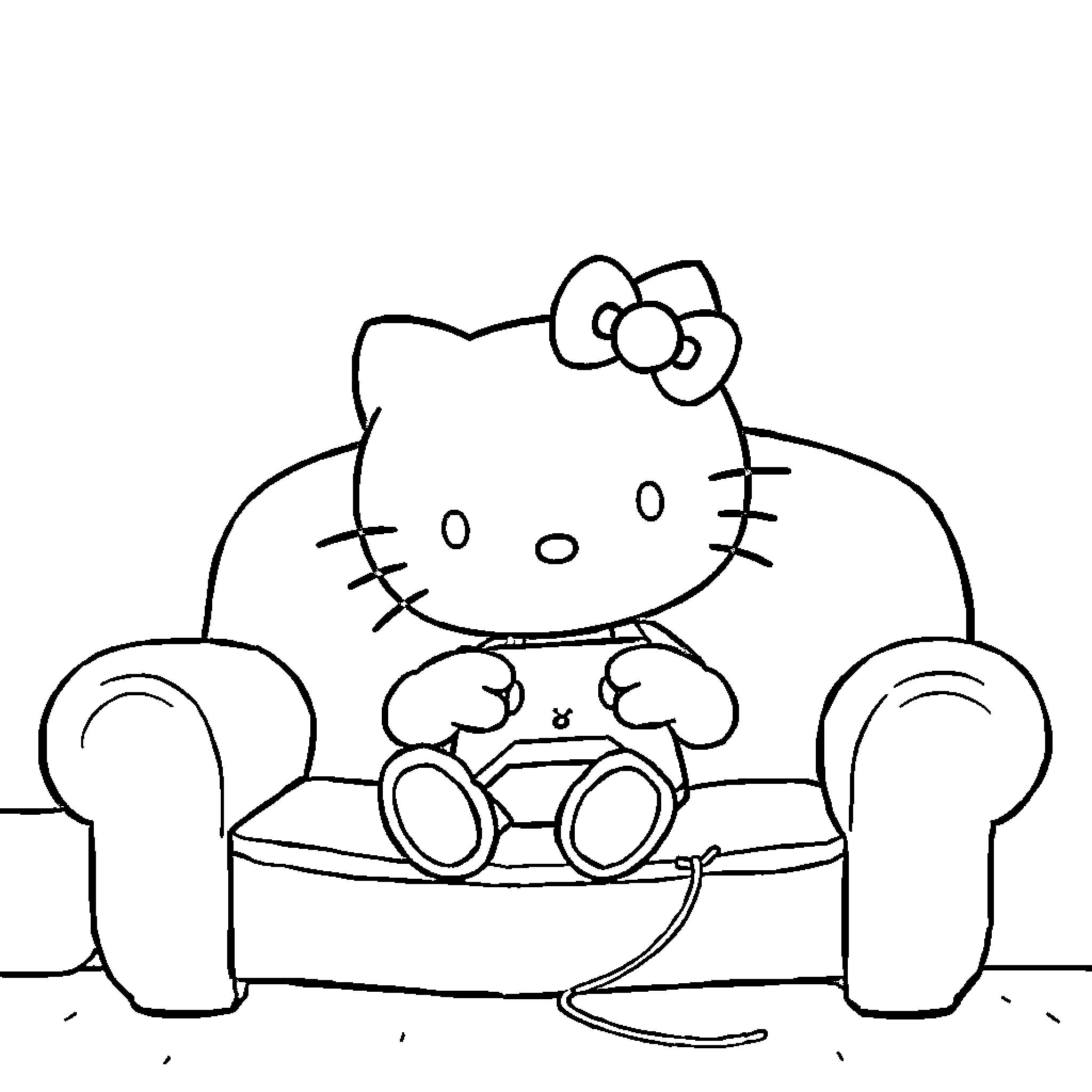 Hello Kitty relaxing on a couch Coloring Page (free black-and-white line drawing printable PDF for all, from beginners to advanced learners, including children, teens, adults, and seniors)