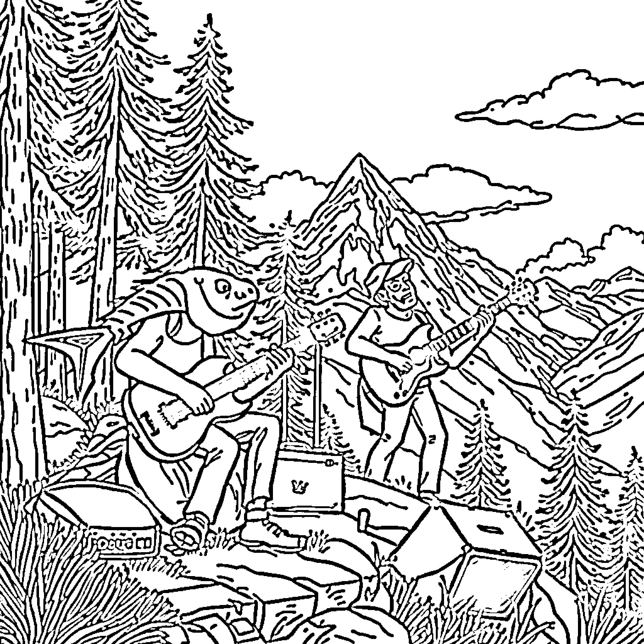 Phish performing at an outdoor concert in the mountains Coloring Page (free black-and-white line drawing printable PDF for all, from beginners to advanced learners, including children, teens, adults, and seniors)